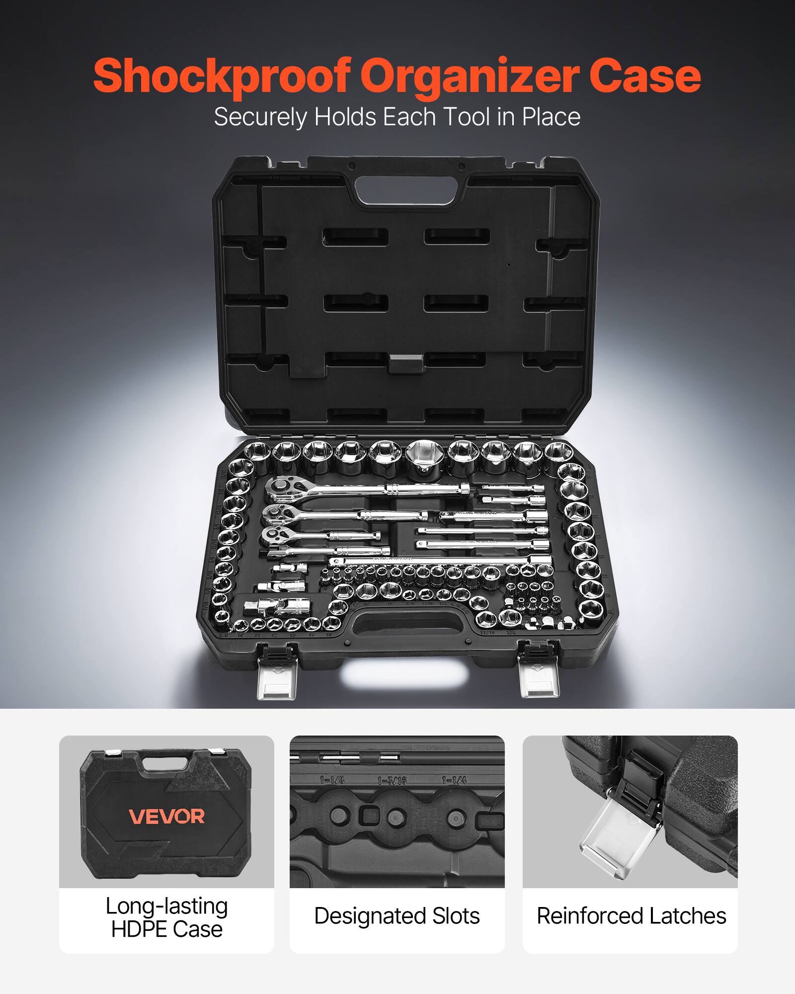 Shockproof Organizer Case  
Securely Holds Each Tool in Place  

1m5 1=1/26 VEVOR  
Long-lasting HDPE Case  
Designated Slots  
Reinforced Latches