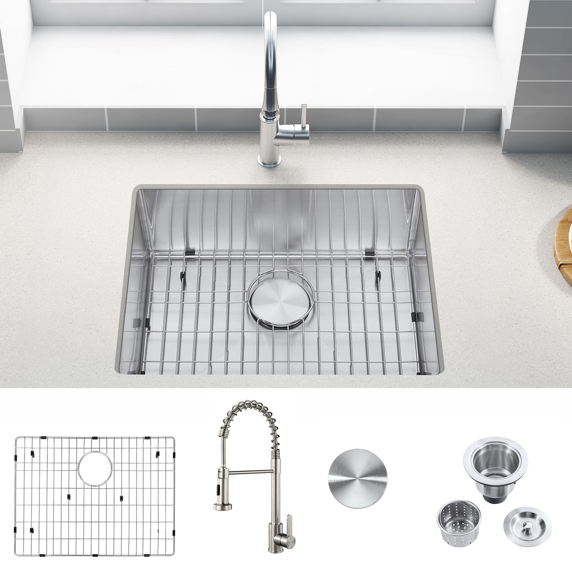 Akicon - 23 in. Undermount Single Bowl 18-Gauge Kitchen Sink and Pull-Down Faucet with Bottom Grid and Basket Strainer - Silver price history on PriceWatchPro