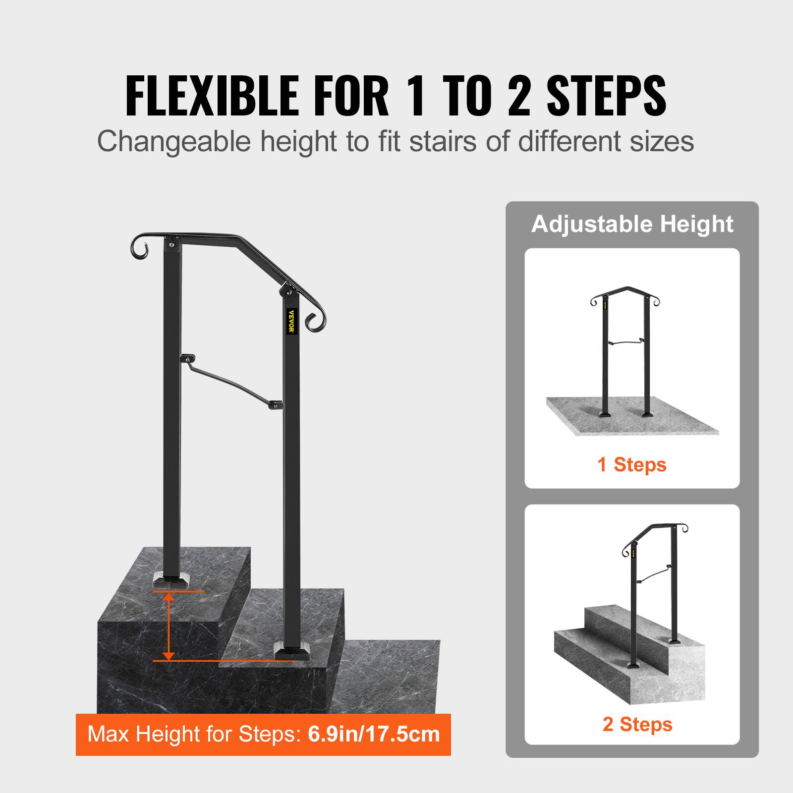 FLEXIBLE FOR 1 TO 2 STEPS, Changeable height to fit stairs of different sizes, Adjustable Height, 1 Steps, 2 Steps, Max Height for Steps: 6.9in/17.5cm