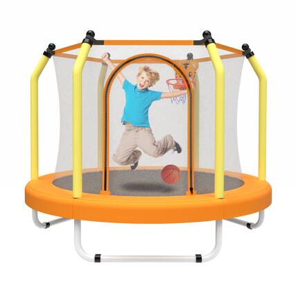 Front. Ecooso - 55-Inch Small Trampoline with Safety Enclosure and Basketball Hoop, Indoor and Outdoor Use - Yellow.