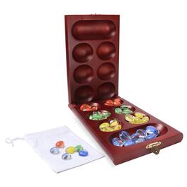 GSE Games & Sports Expert - Folding Wooden Mancala Board Game with Multi-Color Glass Stone and Storage Bag, Travel Game - Mahogany