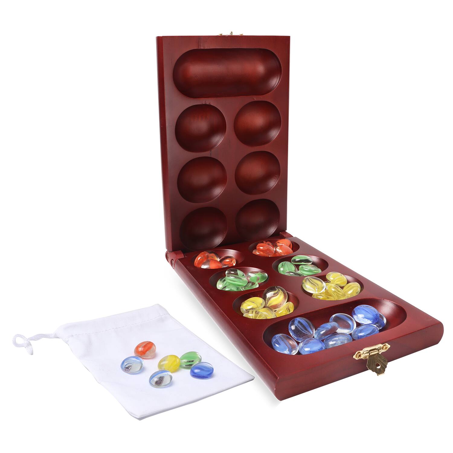 GSE Games & Sports Expert - Folding Wooden Mancala Board Game with Multi-Color Glass Stone and Storage Bag, Travel Game - Mahogany