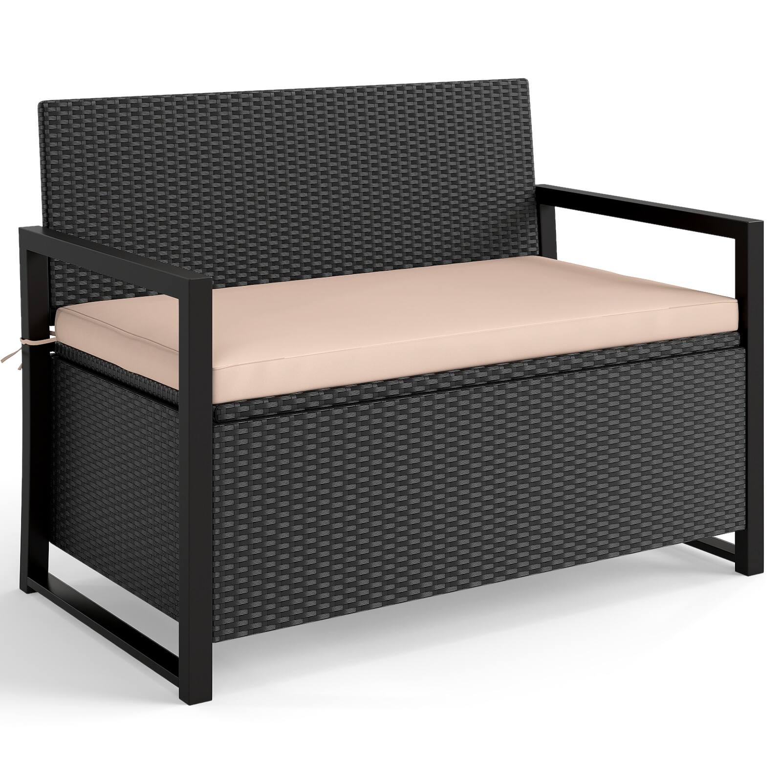Alt View 6. Gymax - Gymax Patio Storage Bench Wicker Loveseat w/ Built-in Storage & Long Seat Cushion Outdoor Beige - Black.