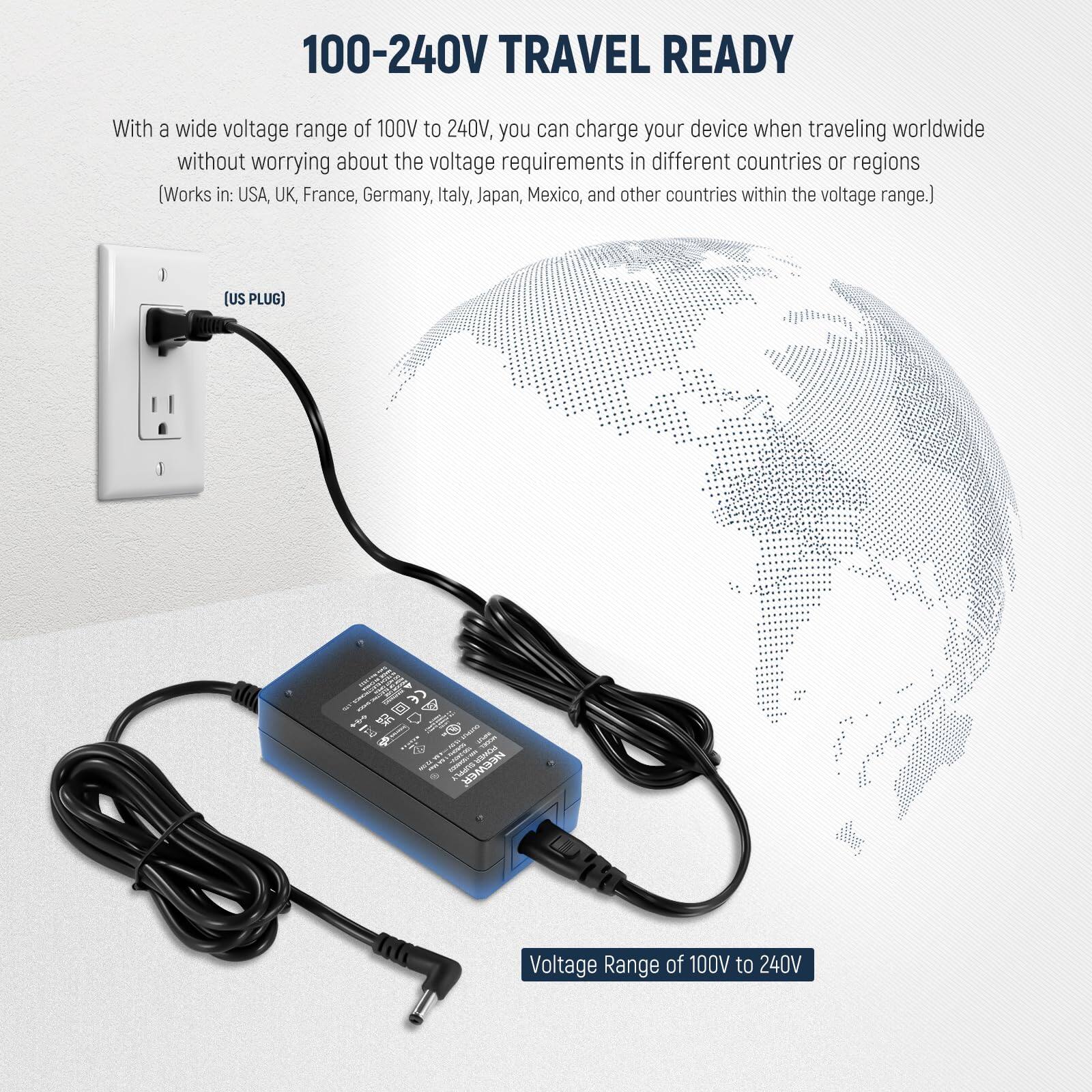 100-240V TRAVEL READY

With a wide voltage range of 100V to 240V, you can charge your device when traveling worldwide without worrying about the voltage requirements in different countries or regions. [Works in: USA, UK, France, Germany, Italy, Japan, Mexico, and other countries within the voltage range.]

(US PLUG)

Voltage Range of 100V to 240V