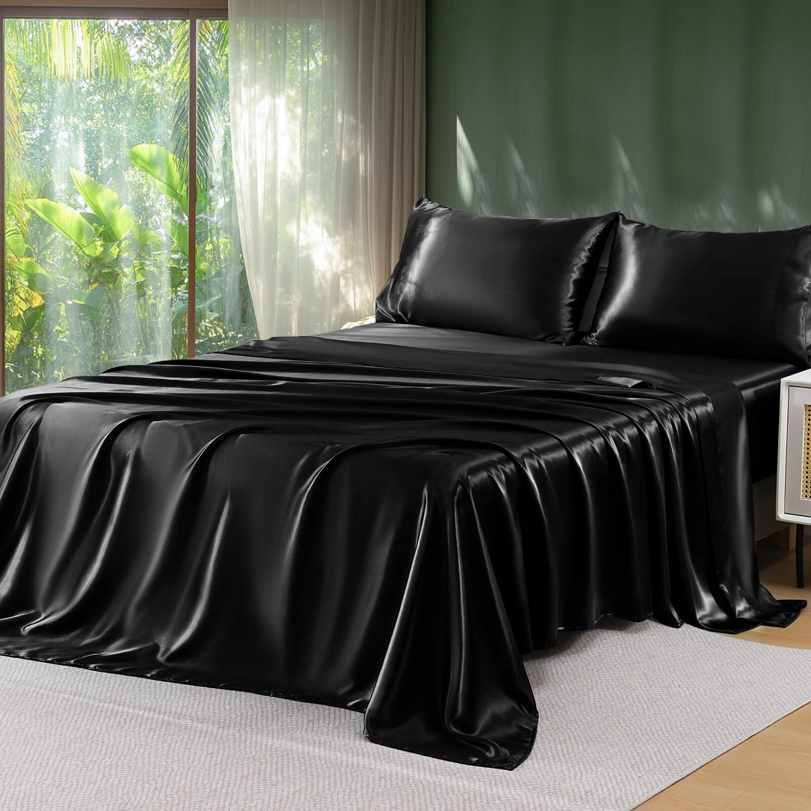 Front. PARKER SLATER - Satin Sheets Queen Size - 4 Pieces Luxury Soft Black Silky Bed Set With Pillowcases Smooth Silk-like Fabric... - Black-Twin XL.