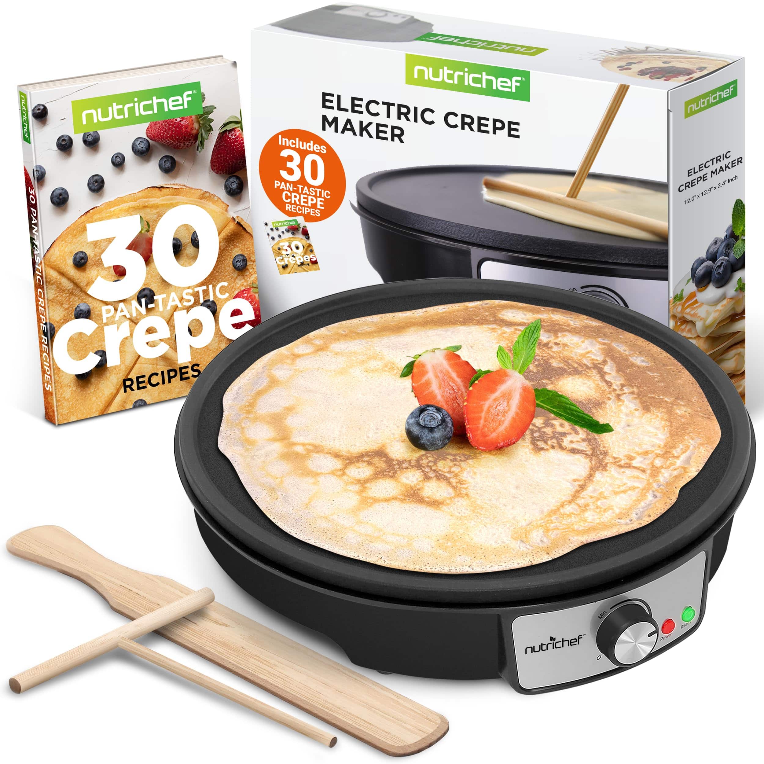 NutriChef - Electric Crepe Maker Pan & Griddle, 12 Inch Nonstick Cooktop, LED Indicators & Adjustable Temperature Control - Black