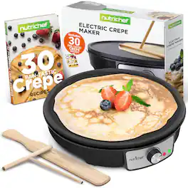 NutriChef - Electric Crepe Maker Pan & Griddle, 12 Inch Nonstick Cooktop, LED Indicators & Adjustable Temperature Control - Black