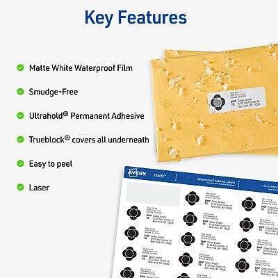Key Features

- Matte White Waterproof Film
- Smudge-Free
- UltraHOLD® Permanent Adhesive
- Trueblock® covers all underneath
- Easy to peel
- Laser

AVERY 15509