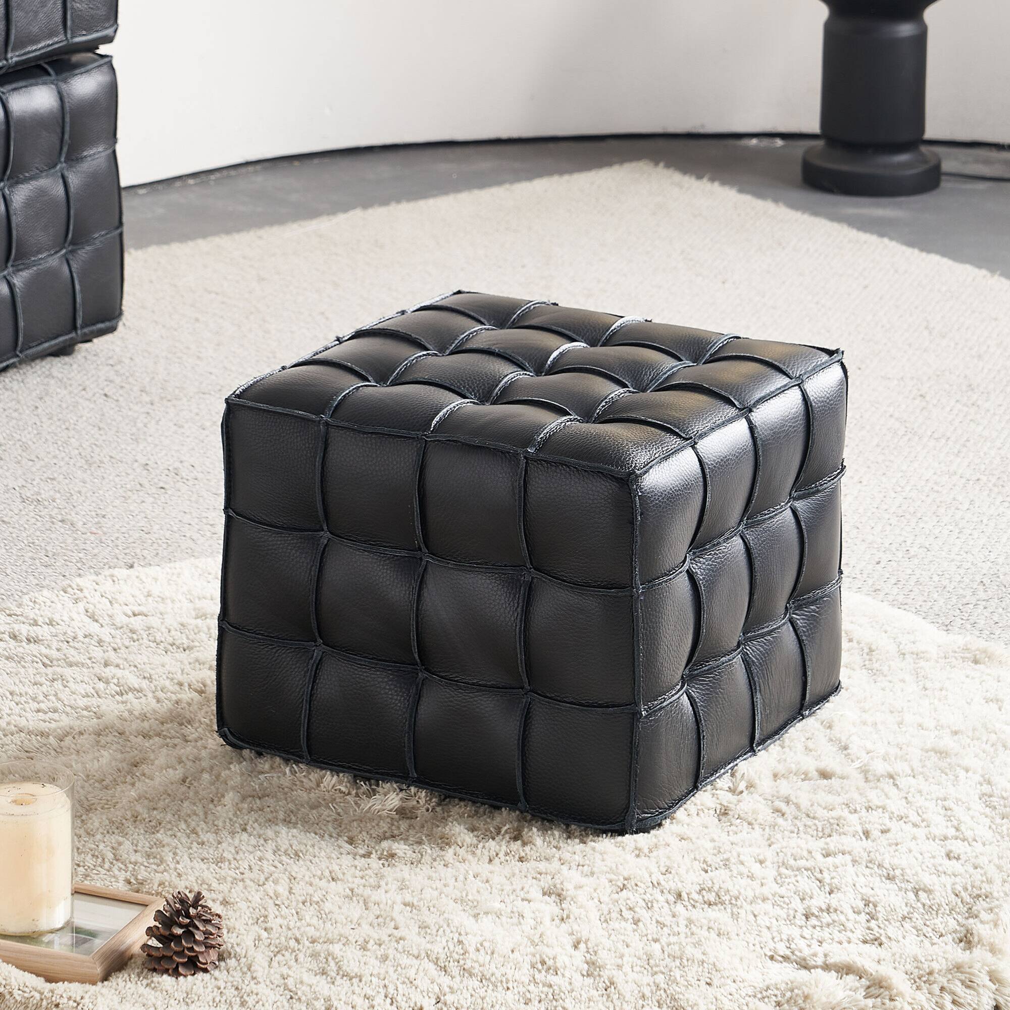 Alt View 4. GOODSILO - Genuine Leather Tufted Ottoman with Solid Wood Frame for Living Room and Bedroom Footrest and Seating - Black.