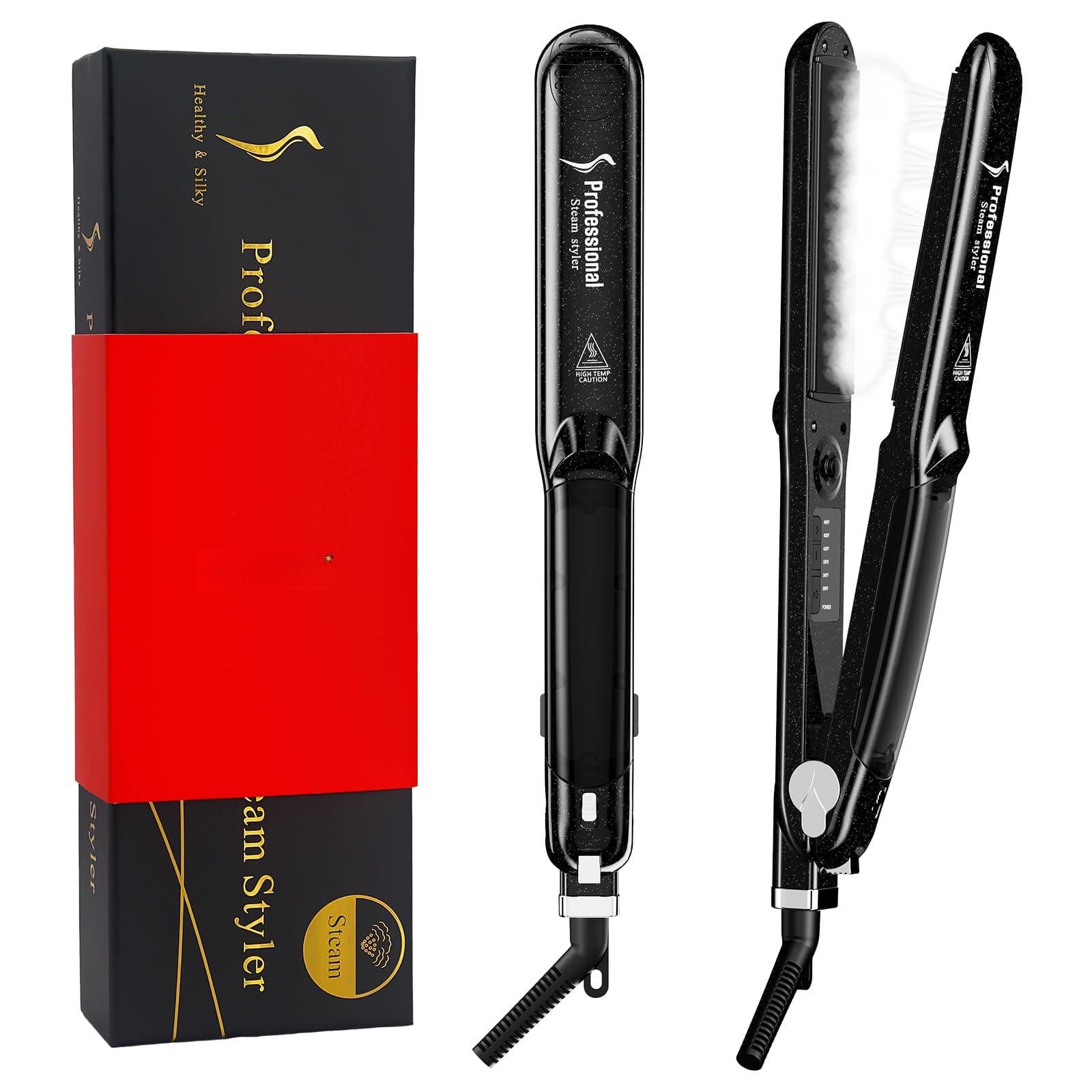 Reds Spade - Upgraded Steam Straighteners For Hair Professional Salon Ceramic Tourmaline Vapor Flat Iron Straightener - 1 Inch Black Steam Straightener Flat Iron