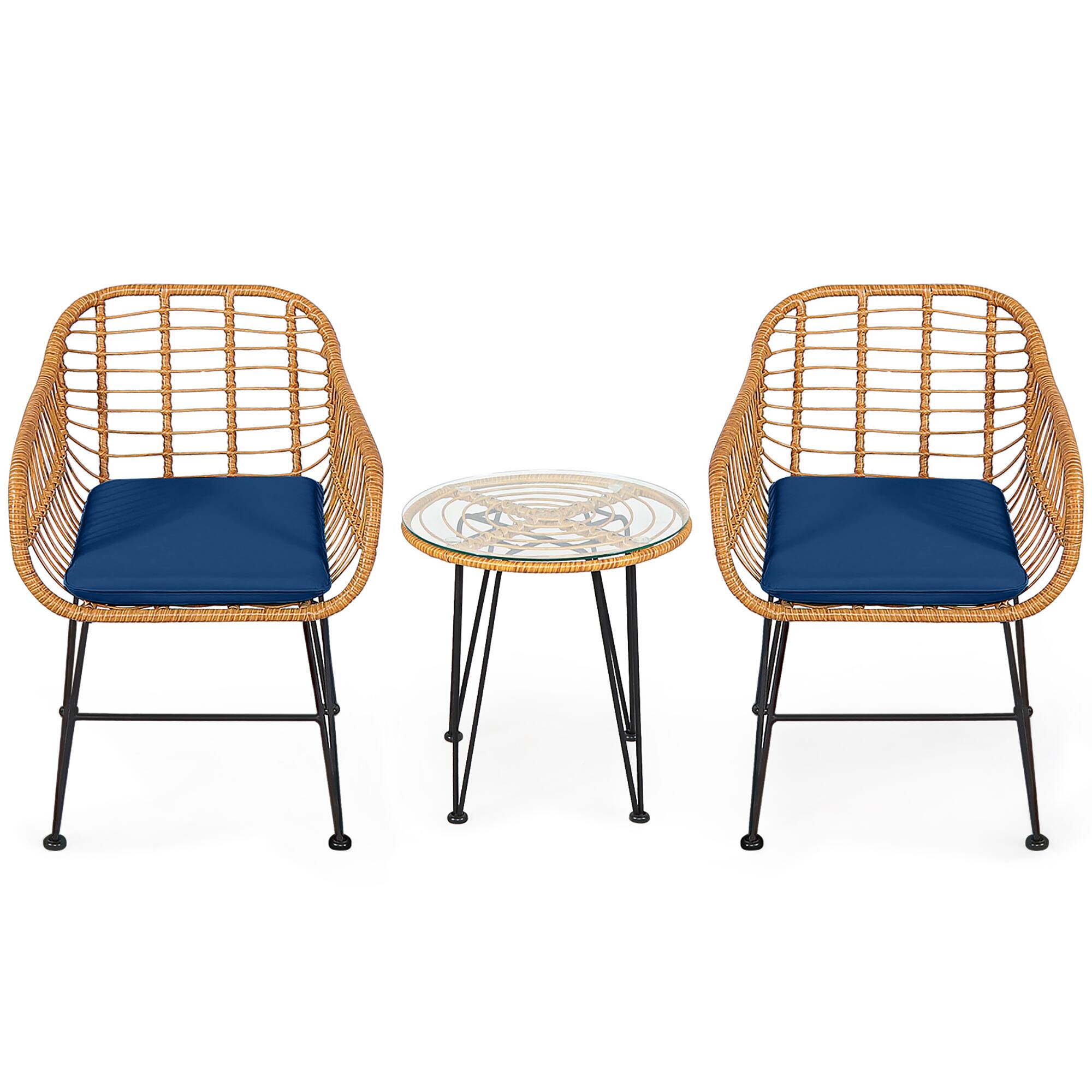 Alt View 1. Gymax - Gymax 3PCS Rattan Patio Bistro Set Conversation Furniture Set w/ Navy Cushions - Navy.