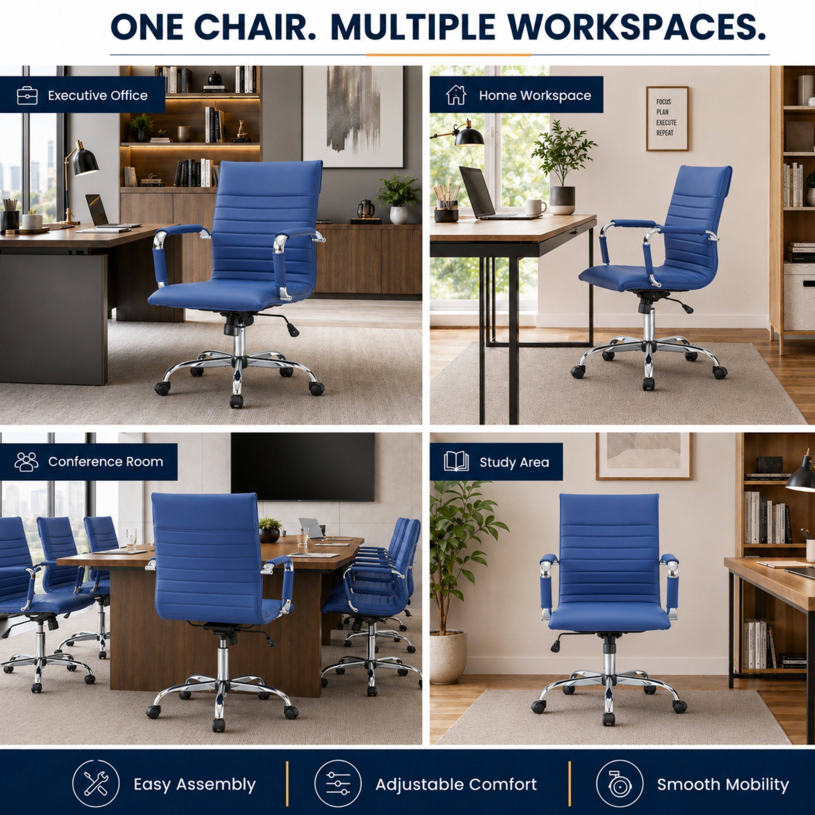 ONE CHAIR. MULTIPLE WORKSPACES.

Executive Office
Home Workspace
Conference Room
Study Area

Easy Assembly
Adjustable Comfort
Smooth Mobility