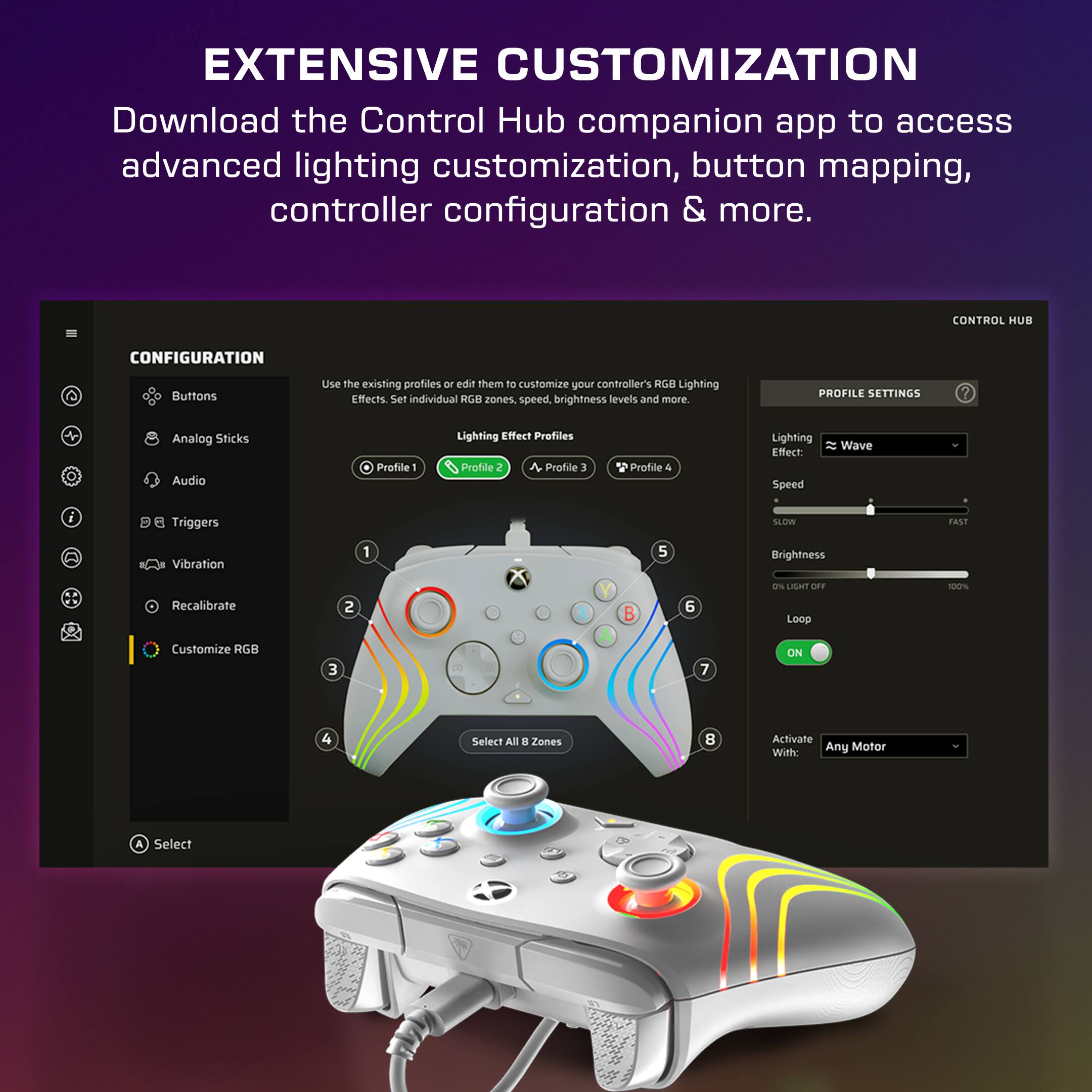 The image features a white and gray video game controller with a colorful design on the buttons. The controller is displayed in a window with a black background, and there is a purple and yellow background behind it. The controller is described as having extensive customization options, which can be accessed through the Control Hub companion app. The app allows users to customize advanced lighting effects, button mapping, and controller configuration. The image also shows a screen with various settings, including lighting effects, brightness levels, and audio profiles.