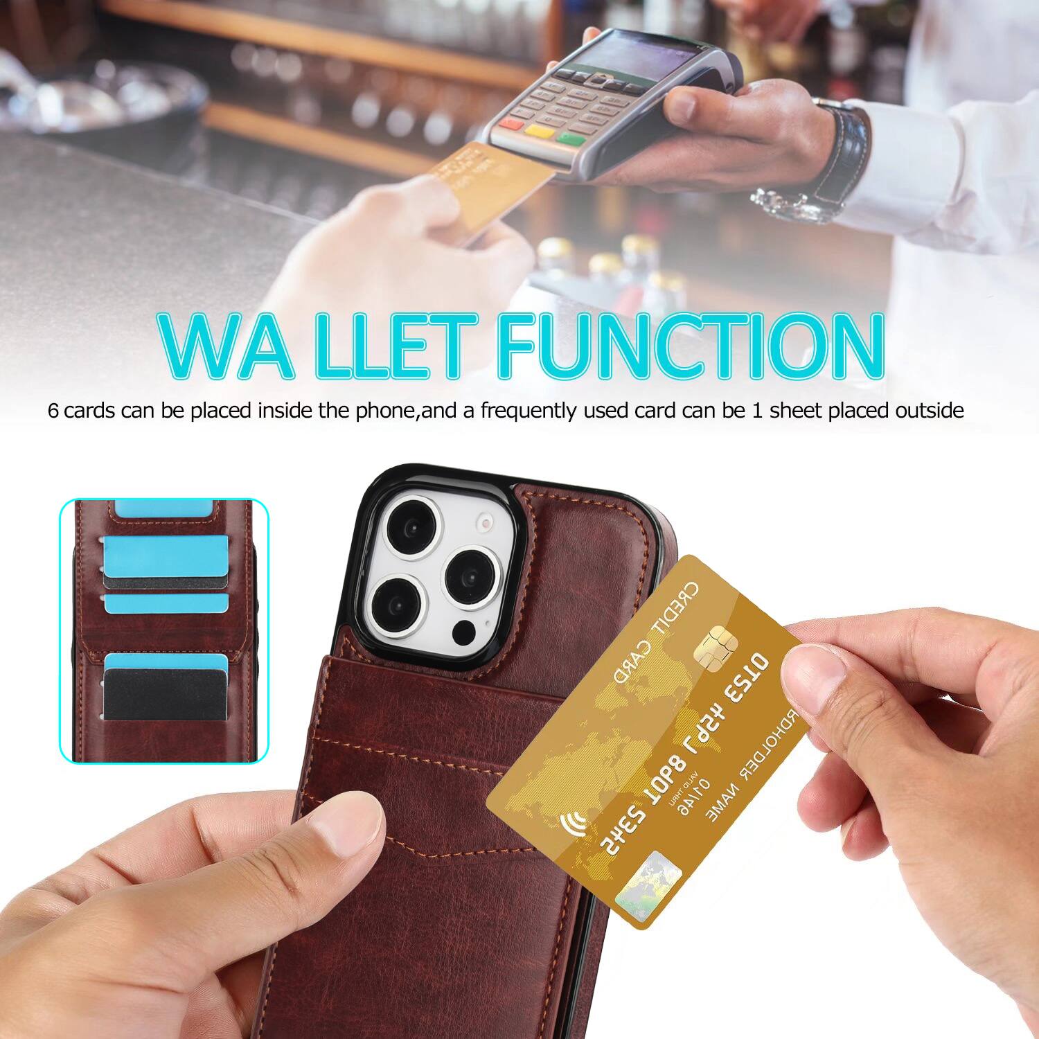 WA LLET FUNCTION  
6 cards can be placed inside the phone, and a frequently used card can be 1 sheet placed outside  
CREDIT CARD HOLDER  
UPHT ANTID NAME