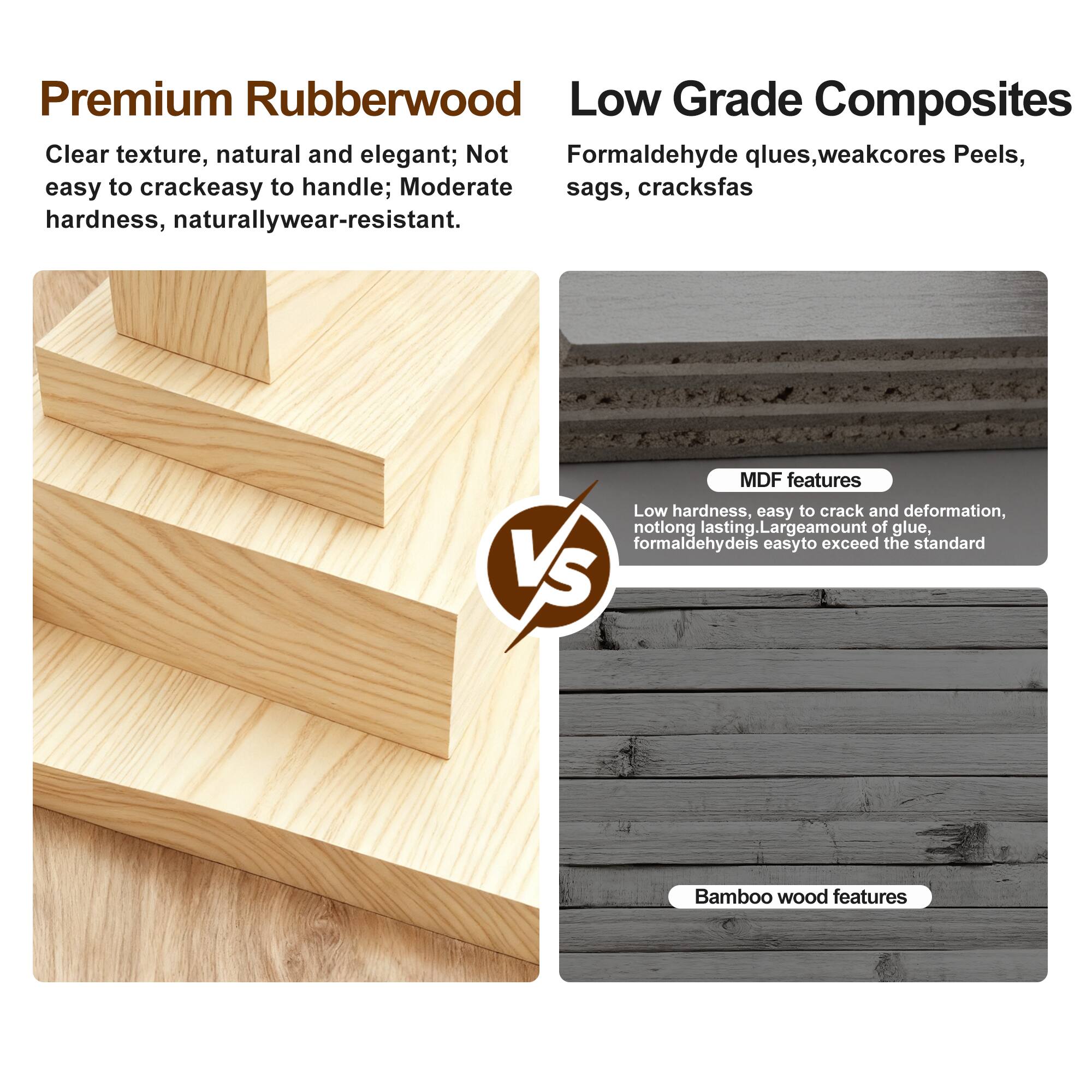 Premium Rubberwood  
Clear texture, natural and elegant; Not easy to crack; easy to handle; Moderate hardness, naturally wear-resistant.

Low Grade Composites  
Formaldehyde glues, weak cores; Peels, sags, cracksfas

MDF features  
Low hardness, easy to crack and deformation, not long lasting. Large amount of glue, formaldehyde is easy to exceed the standard

Bamboo wood features
