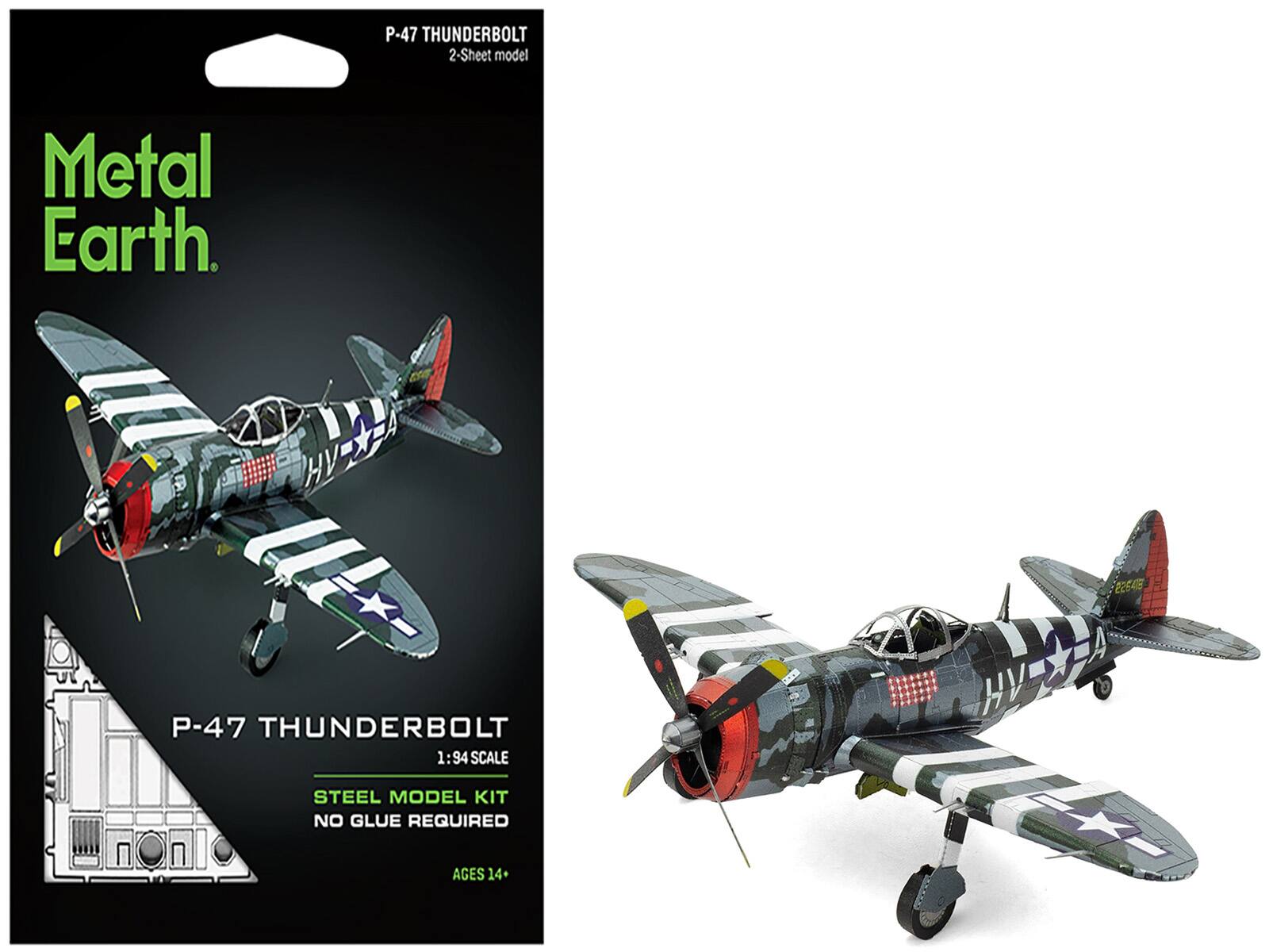P-47 THUNDERBOLT  
2-Sheet model  

Metal Earth  

P-47 THUNDERBOLT  
1:94 SCALE  
STEEL MODEL KIT  
NO GLUE REQUIRED  
AGES 14+