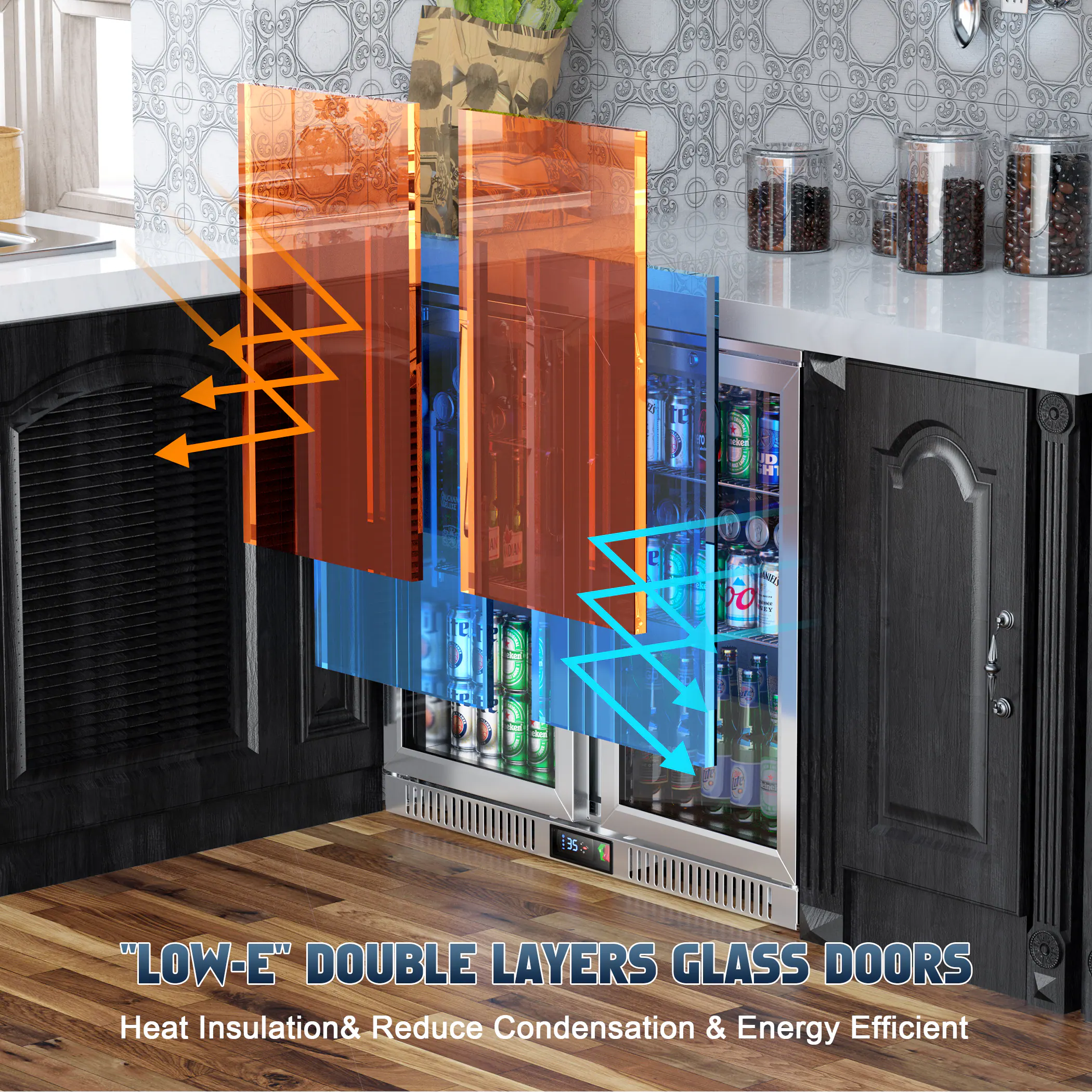 "LOW-E" DOUBLE LAYERS GLASS DOORS  
Heat Insulation & Reduce Condensation & Energy Efficient