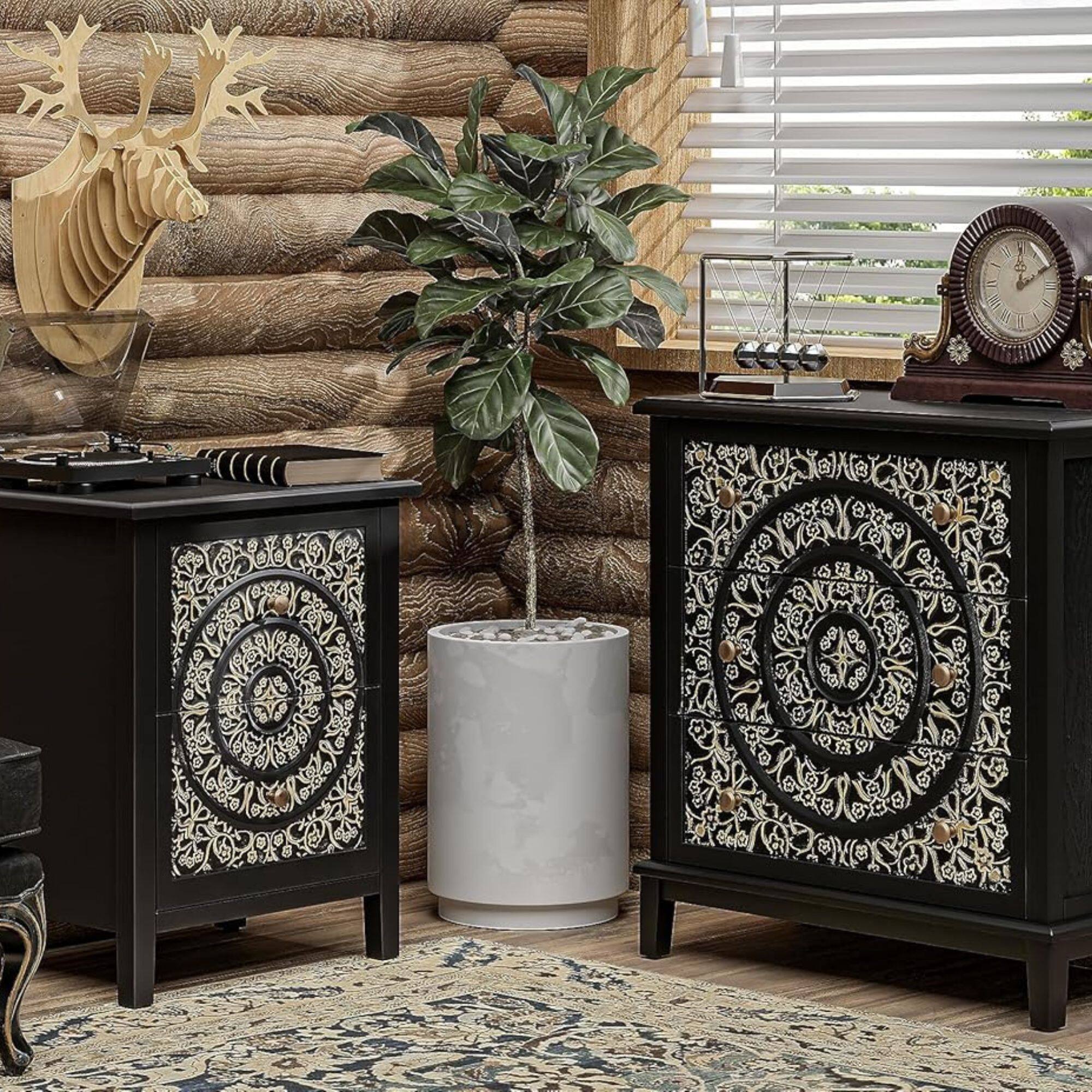 Alt View 7. COZAYH - COZAYH Farmhouse 2 Drawer Home Bedroom Nightstand w/Embossed Flower Motif, Black - Gold & Black.