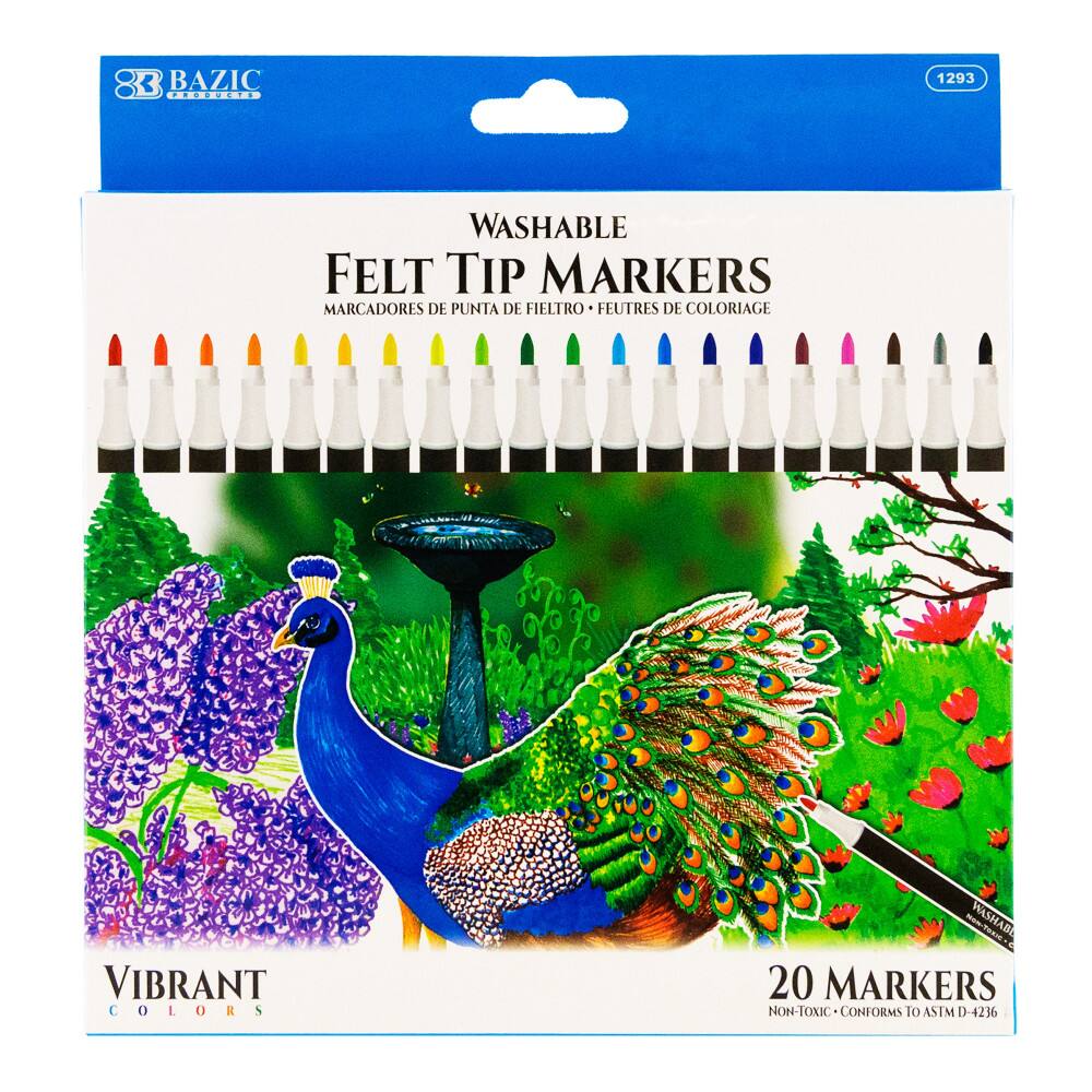 BAZIC  
WASHABLE FELT TIP MARKERS  
MARCADORES DE PUNTA DE FIETRO  
FEUTRES DE COLORIAGE  
VIBRANT COLORS  
20 MARKERS  
NON-TOXIC • CONFORMS TO ASTM D-4236  
1293