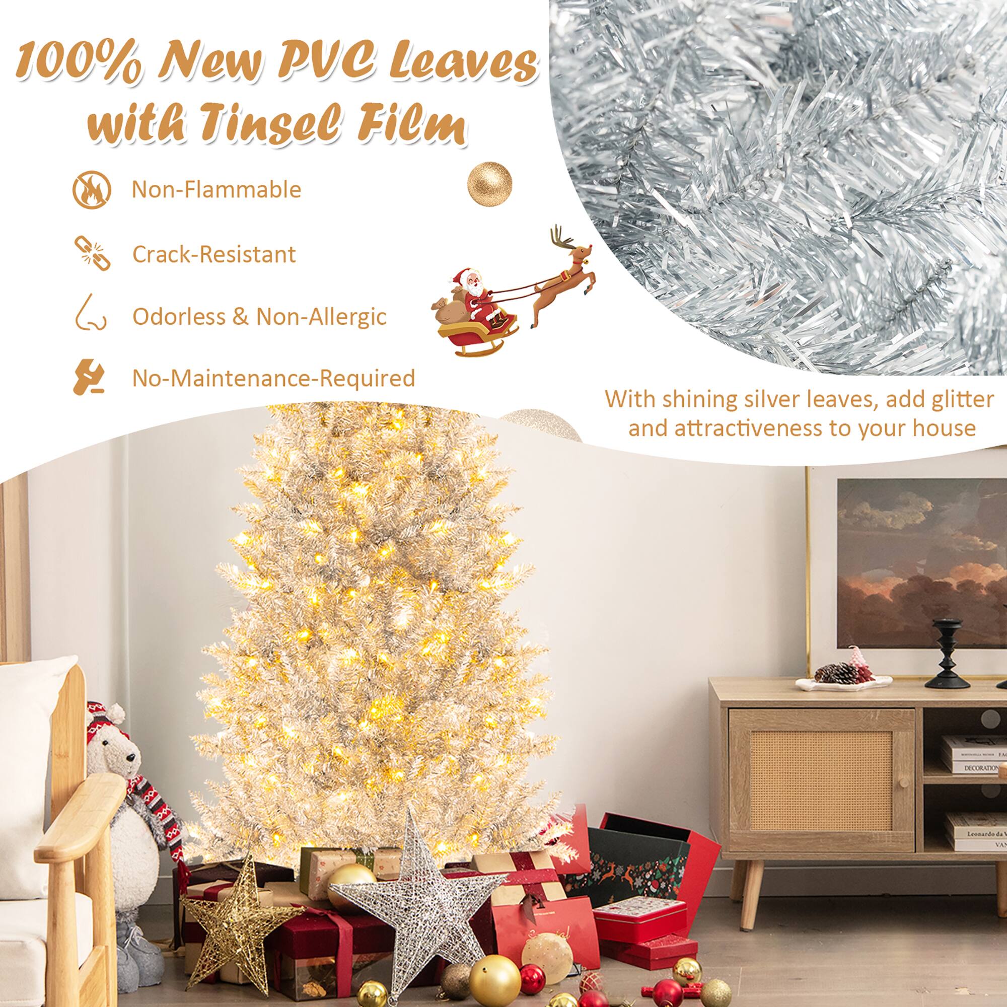 100% New PVC Leaves with Tinsel Film

- Non-Flammable
- Crack-Resistant
- Odorless & Non-Allergic
- No-Maintenance-Required

With shining silver leaves, add glitter and attractiveness to your house