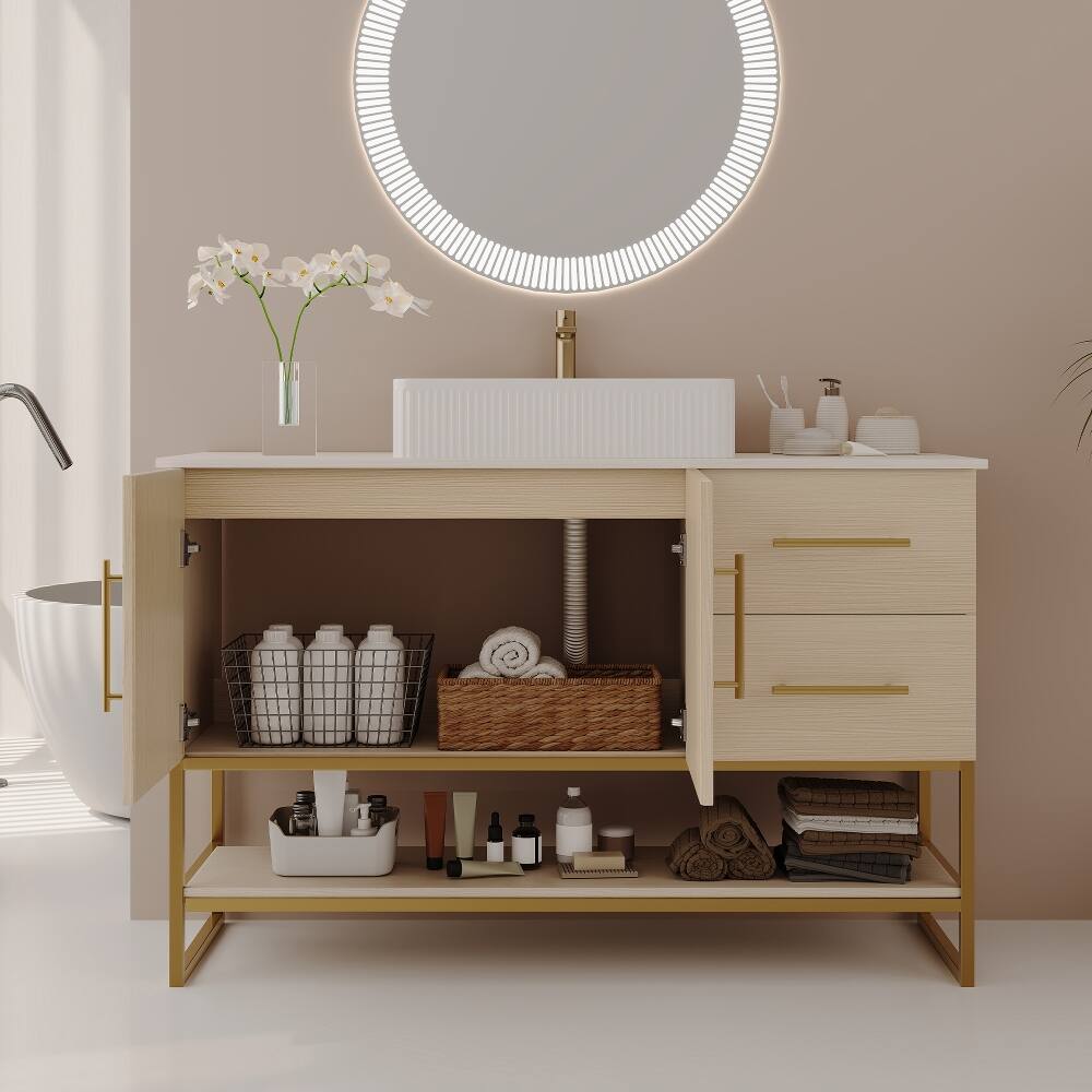 Back. Loheer - Loheer 36 inch modern bathroom vanity with Ceramic Vessel Sink, American White Oak - American White Oak, Gold, White.