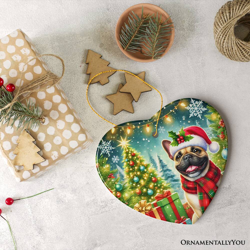 Back. OrnamentallyYou - Frosty French Bulldog Ornament Charming Pup Decoration for Magical Christmas Heart Version - Multi-colored.
