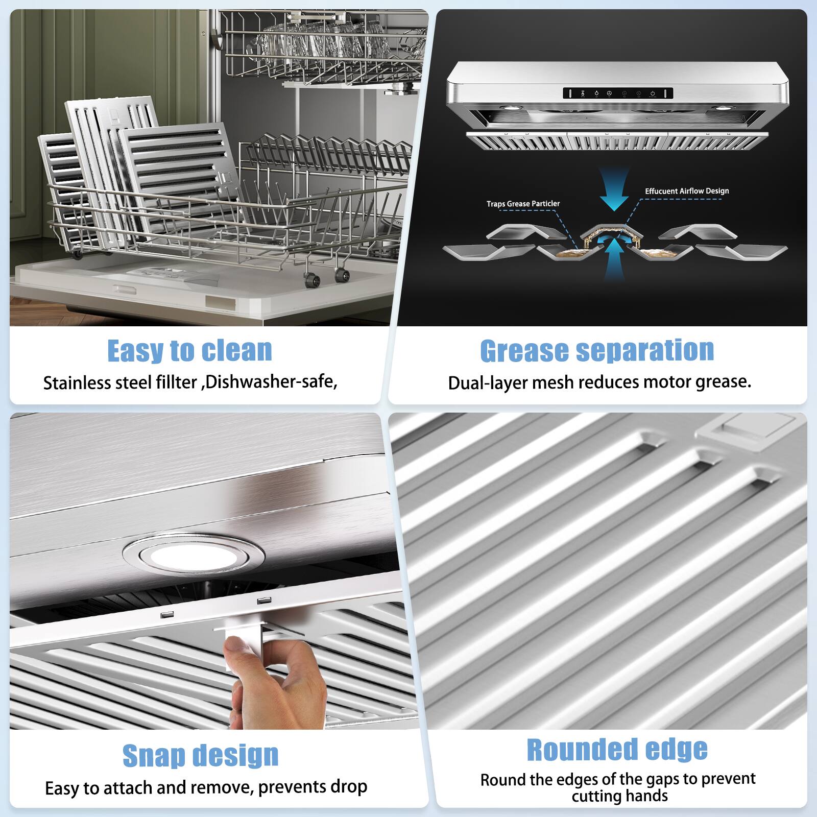 Easy to clean, Stainless steel filter, Dishwasher-safe.

Grease separation, Dual-layer mesh reduces motor grease.

Snap design, Easy to attach and remove, prevents drop.

Rounded edge, Round the edges of the gaps to prevent cutting hands.