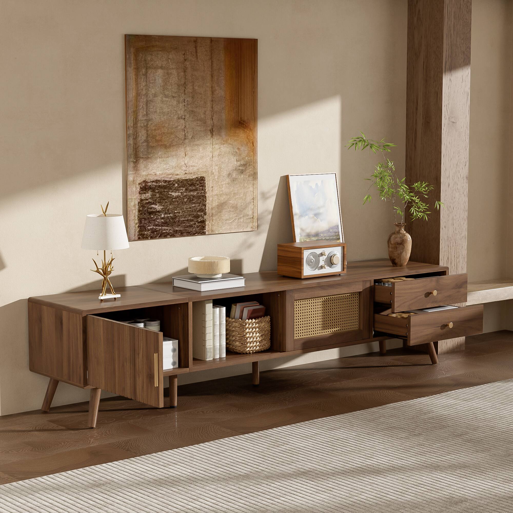 Angle. Z-Edge - TV Stand for 85 Inch TV, Entertainment Center with 2 Drawers, Rattan TV Console with 2 Cabinets for Living Room - Walnut.