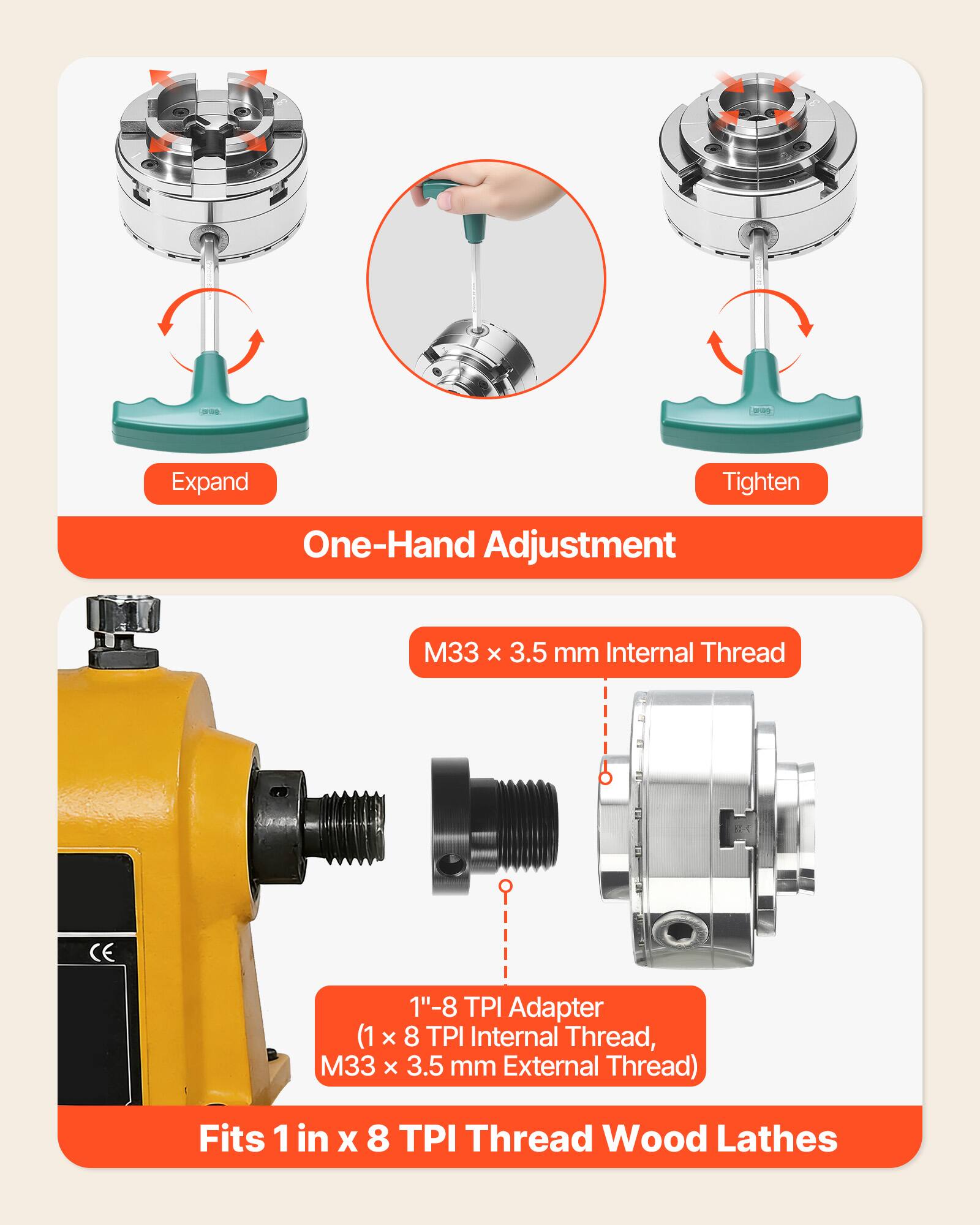 Expand Tighten One-Hand Adjustment M33 x 3.5 mm Internal Thread 1"-8 TPI Adapter (1 x 8 TPI Internal Thread, M33 x 3.5 mm External Thread) Fits 1 in x 8 TPI Thread Wood Lathes