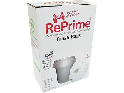 Extra! Strong RePrime Trash Bags  
More Strength, More Savings, More Friendly!  
AccuFit  
55 Gallon  
50 Bags