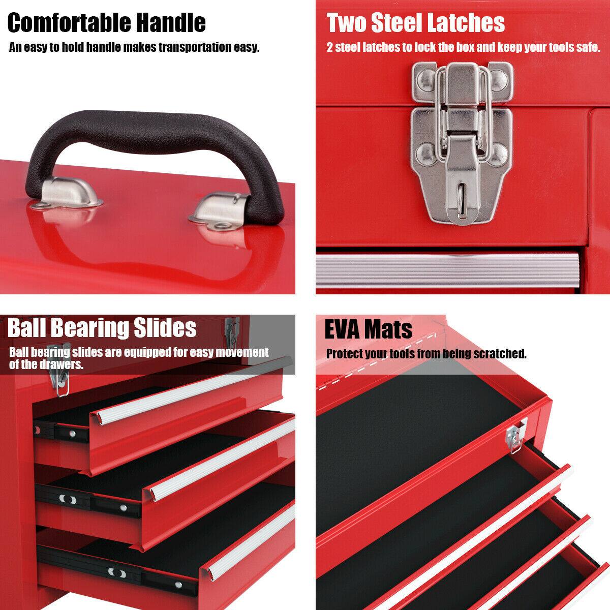 Comfortable Handle  
An easy to hold handle makes transportation easy.

Two Steel Latches  
2 steel latches to lock the box and keep your tools safe.

Ball Bearing Slides  
Ball bearing slides are equipped for easy movement of the drawers.

EVA Mats  
Protect your tools from being scratched.