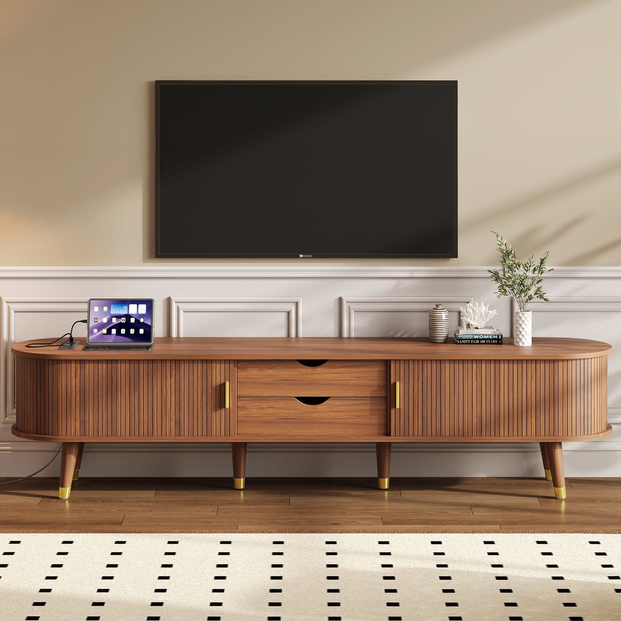 Spaco - Wooden Oval TV Stand for TV up to 80" with Charging Station,Fluted Media Console with Tambour Door for Living Room - Walnut