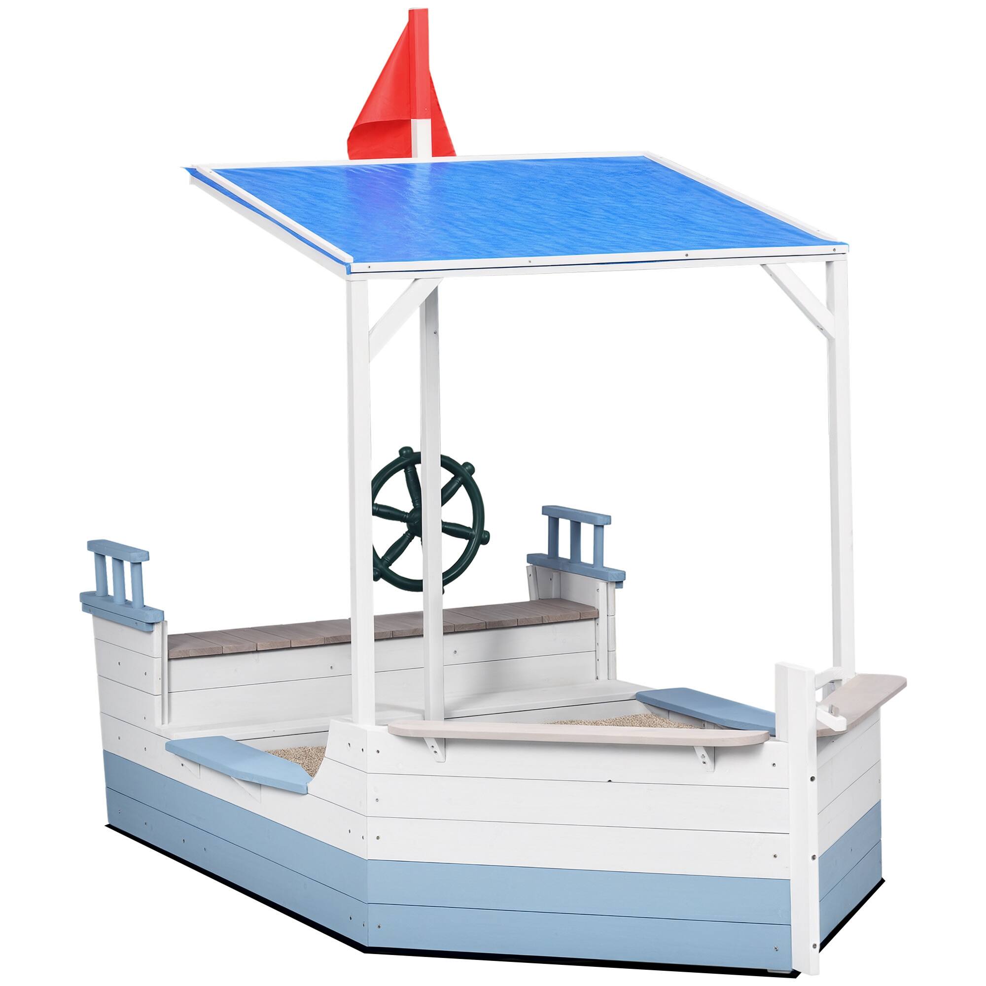 Front. Outsunny - Kids Sandbox with Canopy, Pirate Ship Wooden Sand Boxes, Bench, Backyard, Sand Pit, Toddlers, 83" x 43".