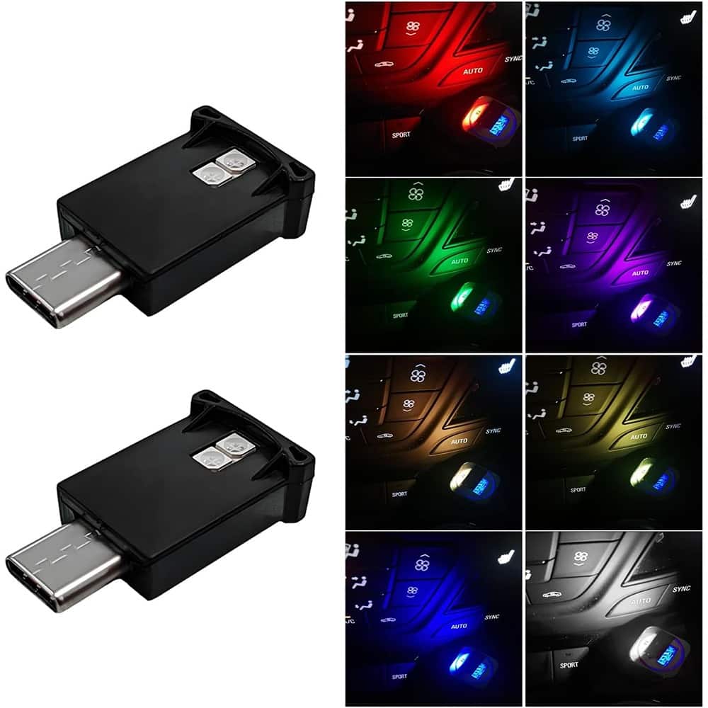 PARKER SLATER - 2PCS USB Type-C LED ambient lights, 8 colors with adjustable brightness, 5V mini interior lamps for car, home - RGB