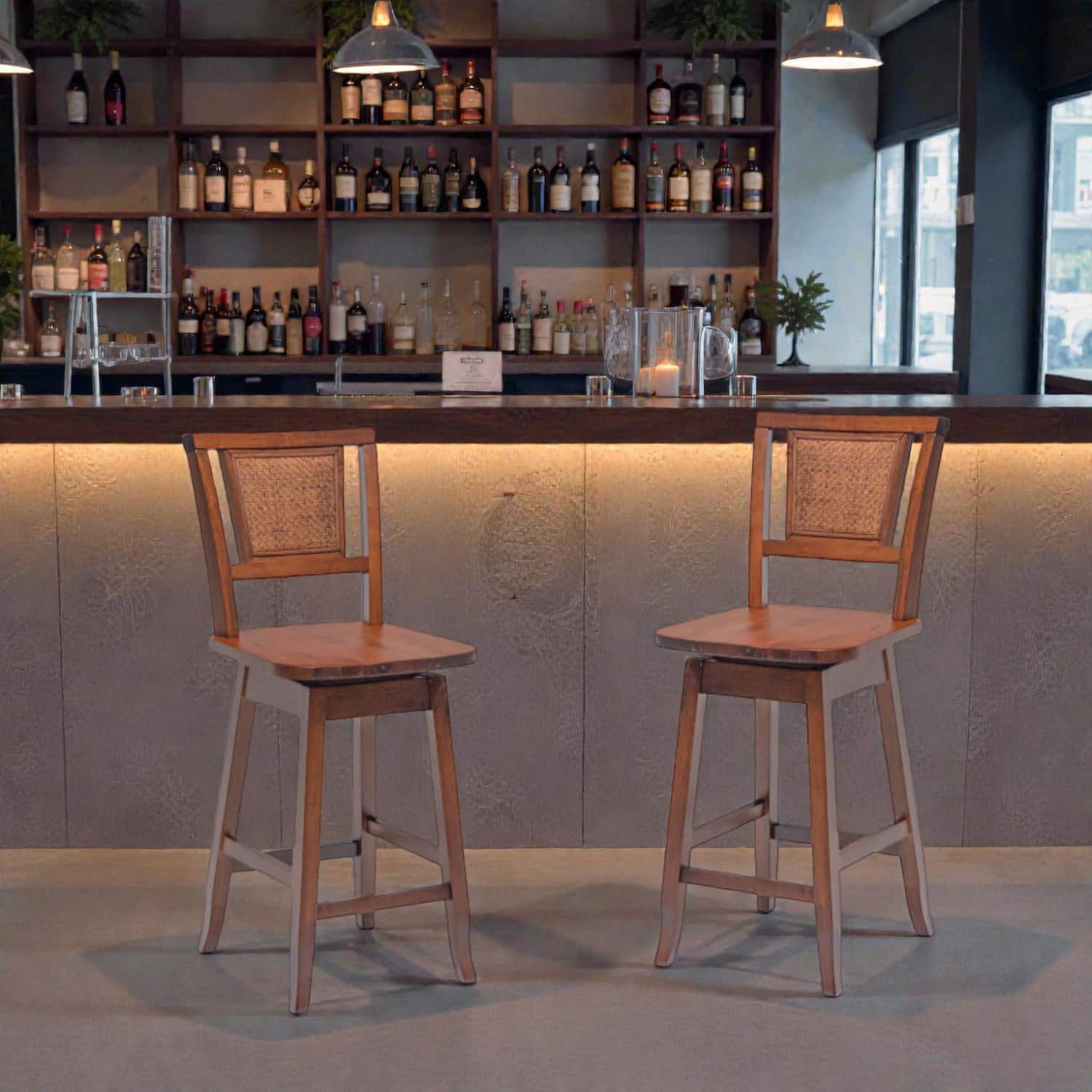 Hivvago - 24.5" Swivel Bar Stools with Rattan-Style Backrest - Set of 2 - Brown