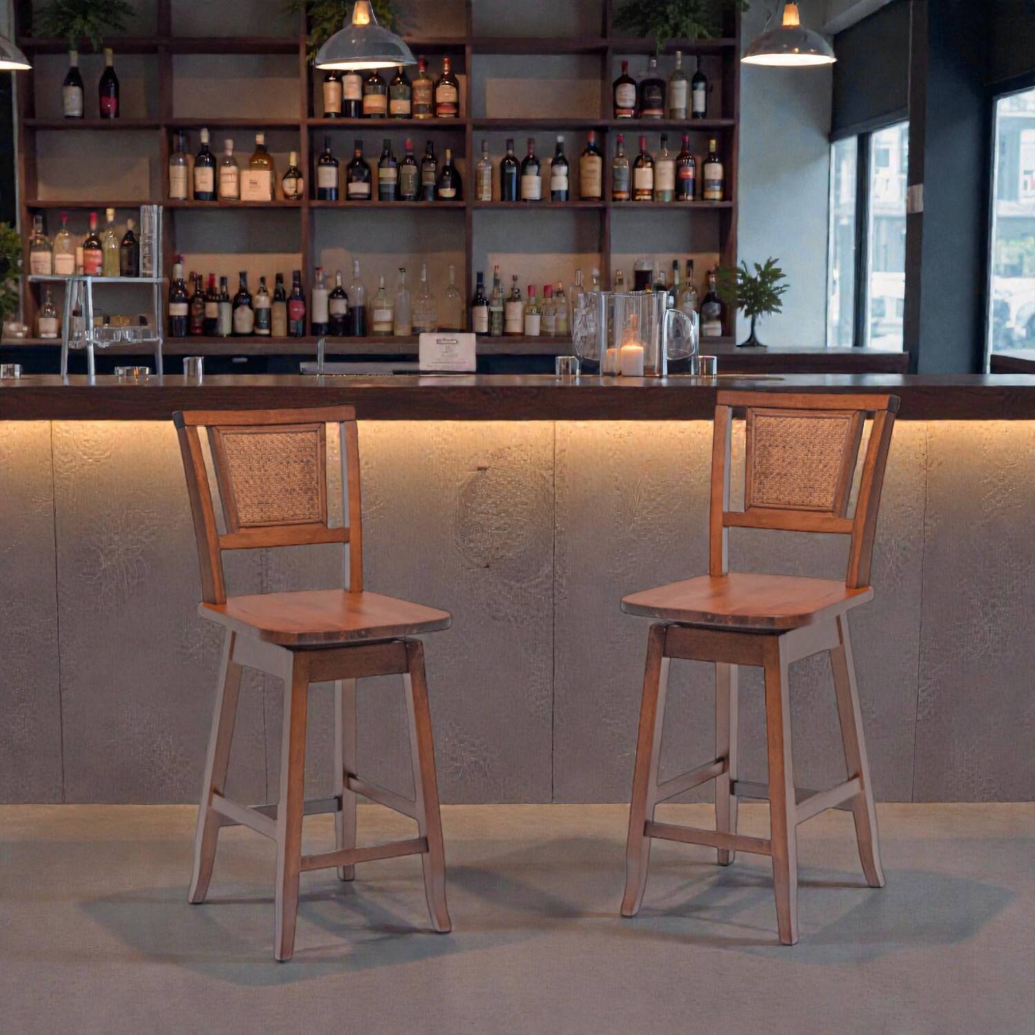 Front. Hivvago - 24.5" Swivel Bar Stools with Rattan-Style Backrest - Set of 2 - Brown.
