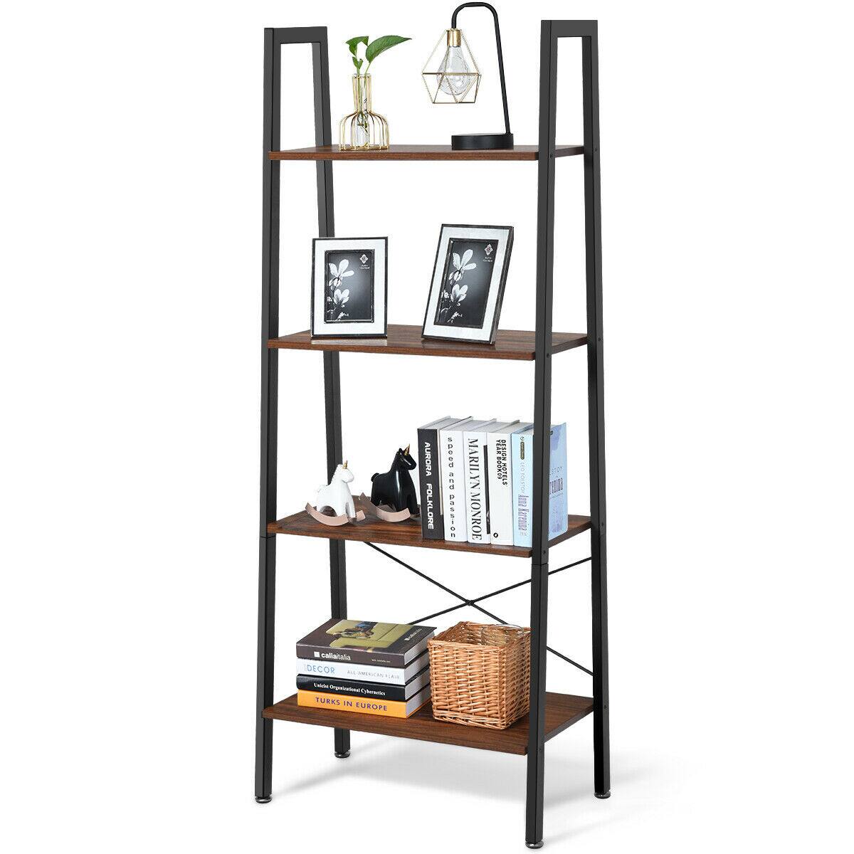 Gymax - 4-Tier Ladder Shelf Ladder Bookcase Bookshelf Display Rack Plant Stand Wood - Brown + black