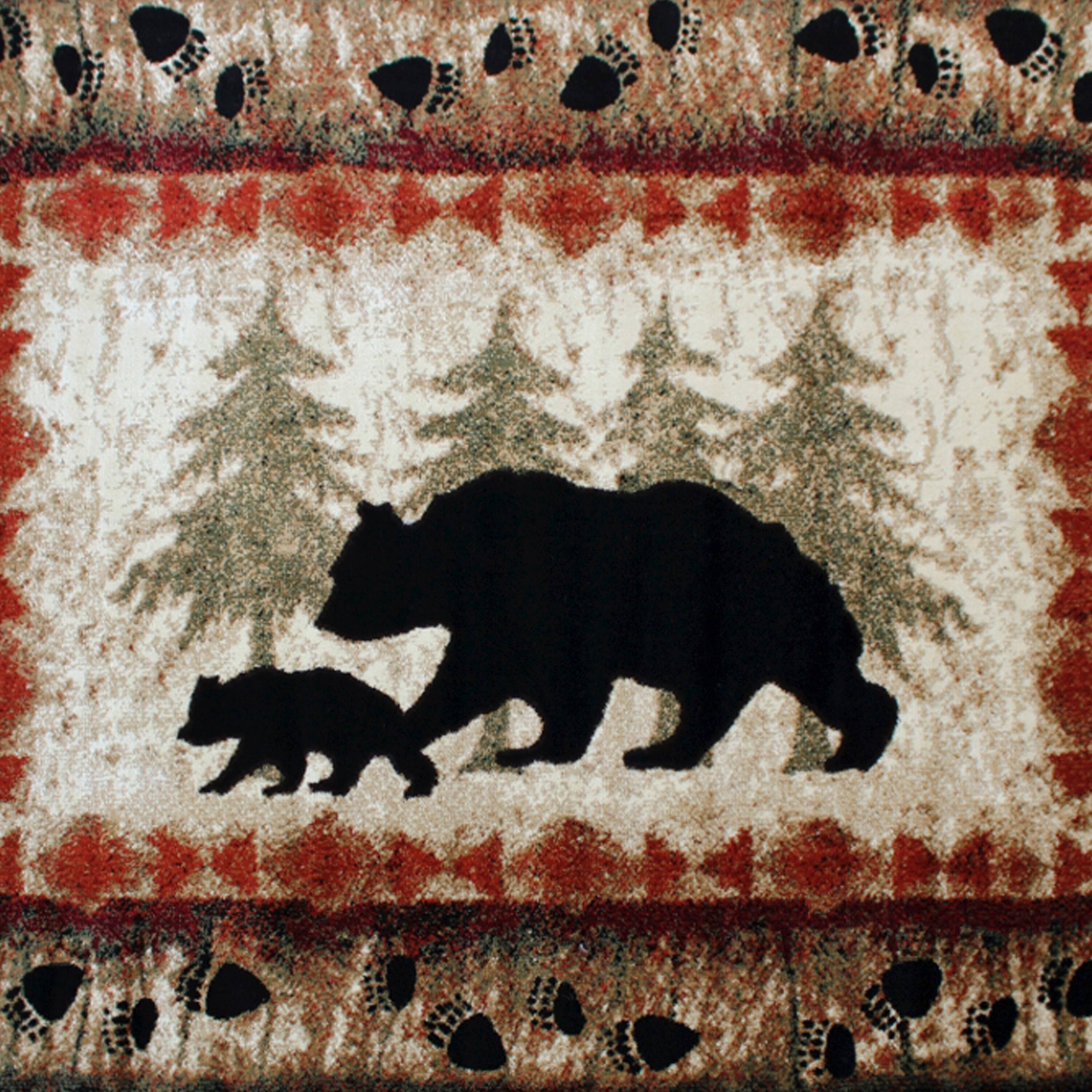 Alt View 6. Emma + Oliver - Rustic Cabin Theme Accent Rug with Bear and Cub Design with Trees in Background and Bear Track Patterned Edges - Brown.