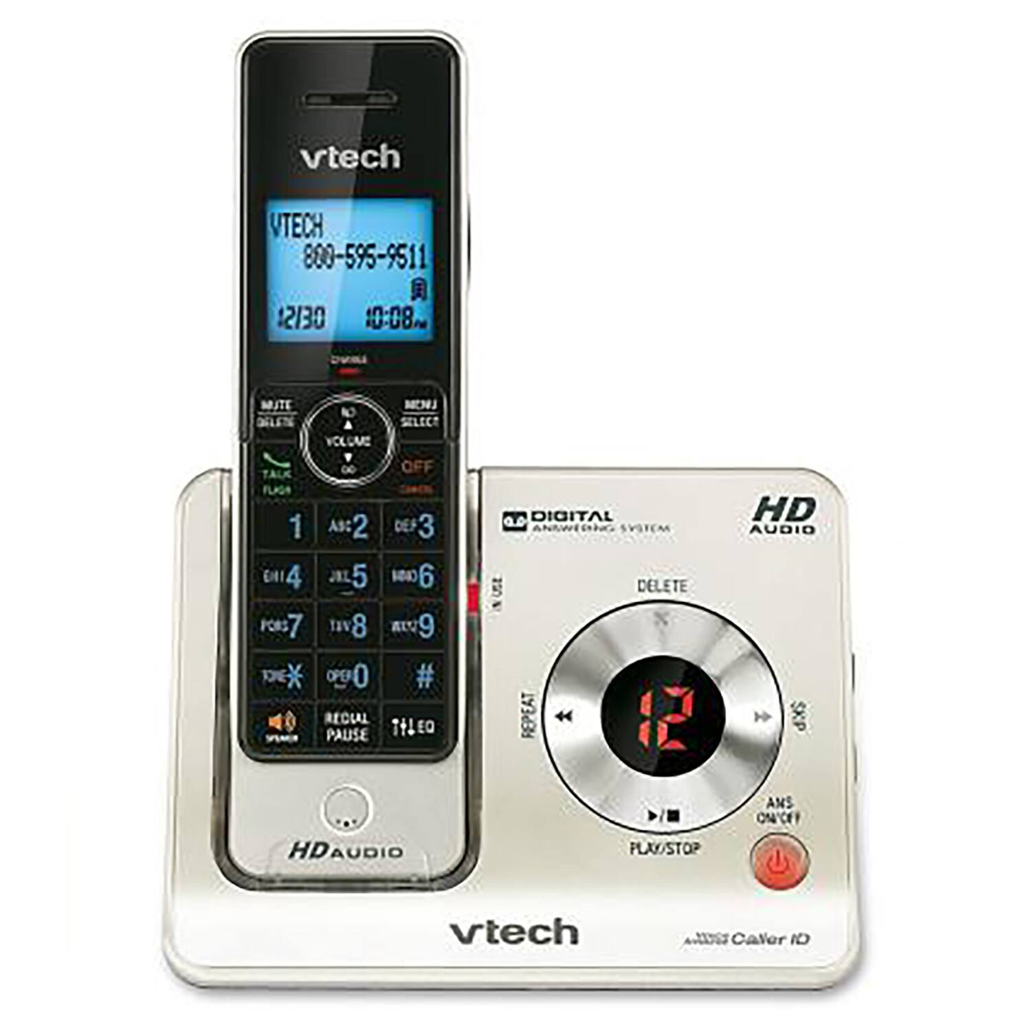 vtech  
VTECH  
800-595-9511  
12/30 10:08  

MUTE DELETE  
VOLUME LM SELECT OFF  
1 A:2 e3 4 5 ga 7 1v8 v9 peX * 000 # RECIAL PAUSE THLEO  
DIGITAL ANtWEONO SVSTEM NUSE DELETE x REPEAT  
12 HD AUDIO SKP HDAUDIO PLAY/STOP ANS ON/OFF  

vtech  
Caver CI