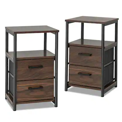 Front. Kadyn - Nightstand, Night Stand,Bedside Table Set of 2 with Removable Fabric Drawers and Metal Frame-Walnut - Brown.