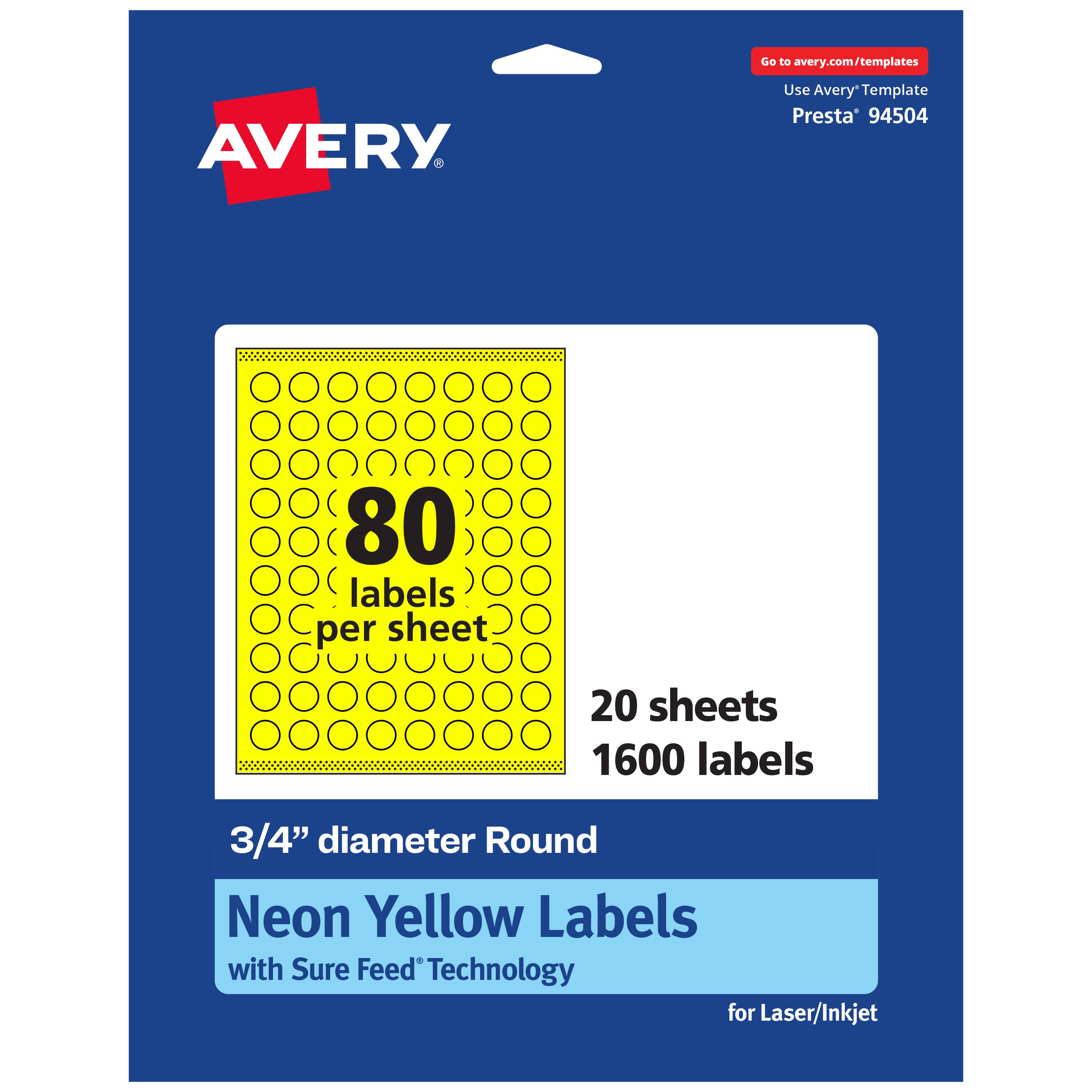Go to avery.com/templates

Use Avery Template Presta 94504

80 labels per sheet

20 sheets

1600 labels

3/4" diameter Round Neon Yellow Labels with Sure Feed Technology for Laser/Inkjet