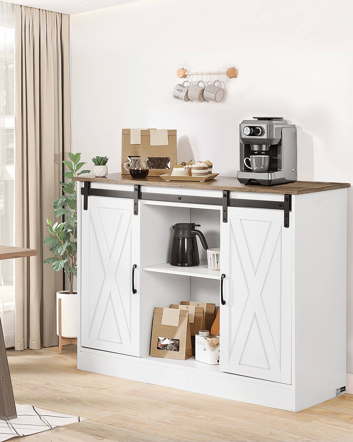 Angle. VEVOR - Coffee Bar Cabinet, 41.8 x 15.8 x 32.1 in Farmhouse Coffee Bar Cabinet with 3-Tier Storage, Coffee Bar Table - Brown + White.