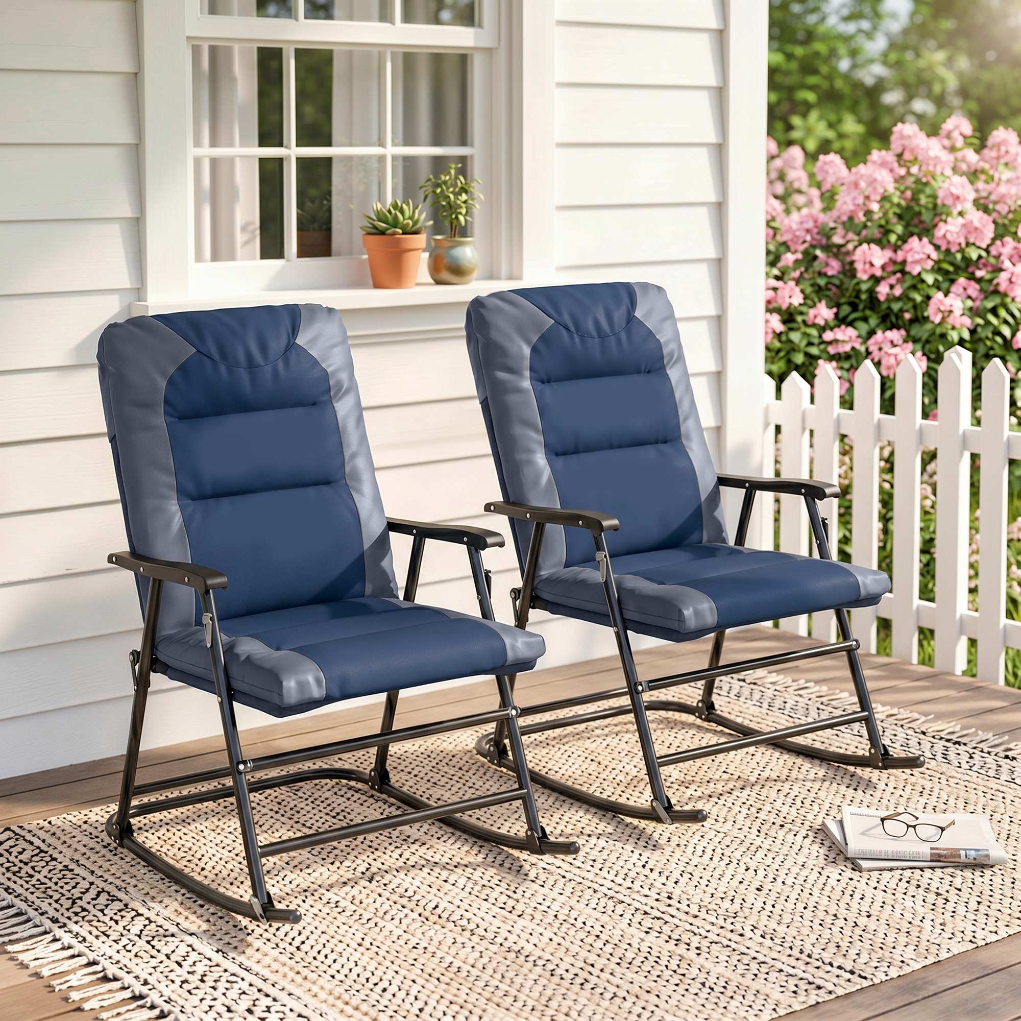 Alt View 1. Outsunny - Piece Outdoor Patio Furniture Set with 2 Folding Padded Rocking Chairs, Bistro Style for Porch, Camping, Balcony - Navy Blue.