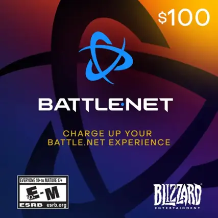 $100 BATTLENET CHARGE UP YOUR BATTLE.NET EXPERIENCE EVERYONE 10+ TO MATURE 17+ - M 10+ ESRB esrb.org BLIZZARD ENTERTAINMENT