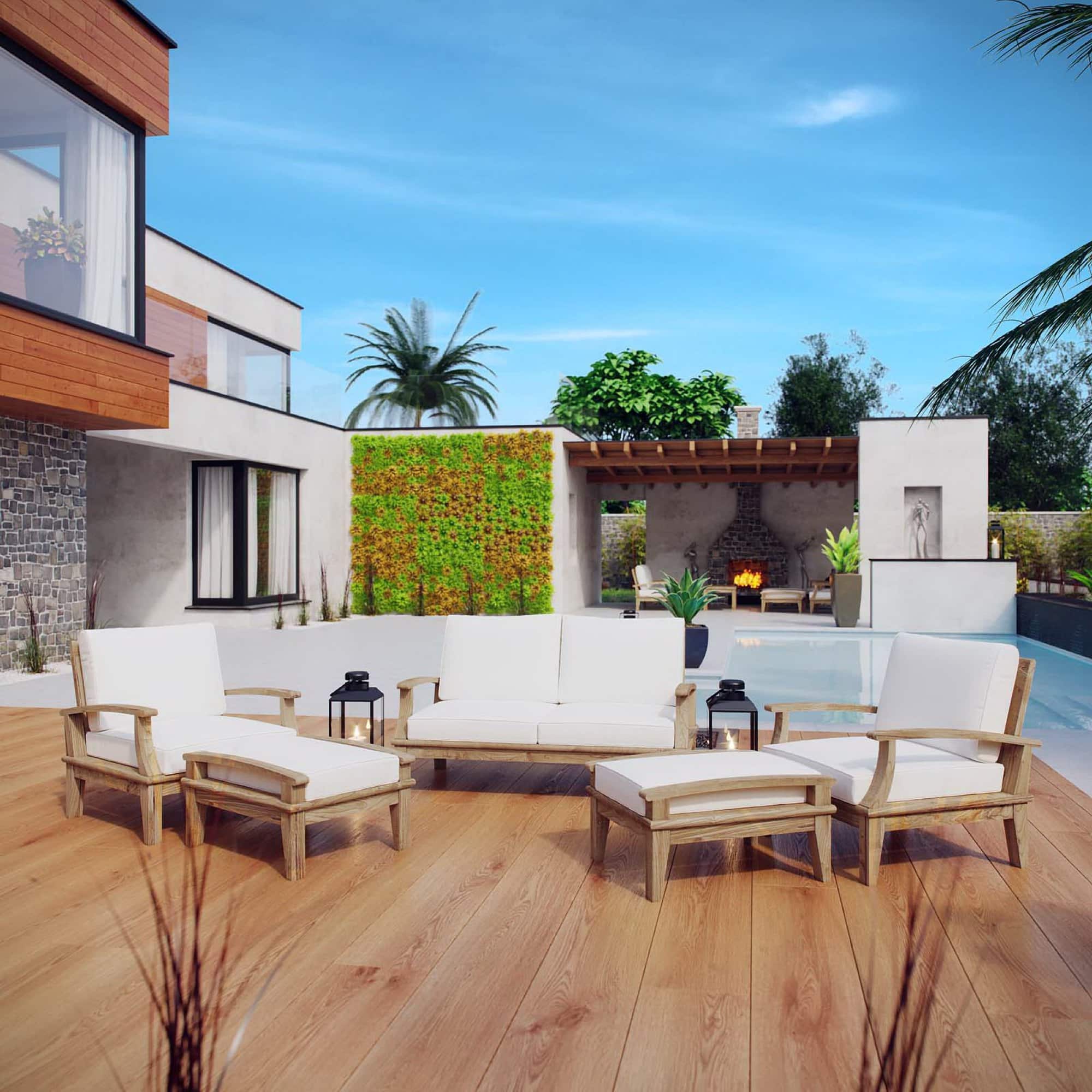 Marina 5 Piece Outdoor Patio Teak Set by Modway - Natural White