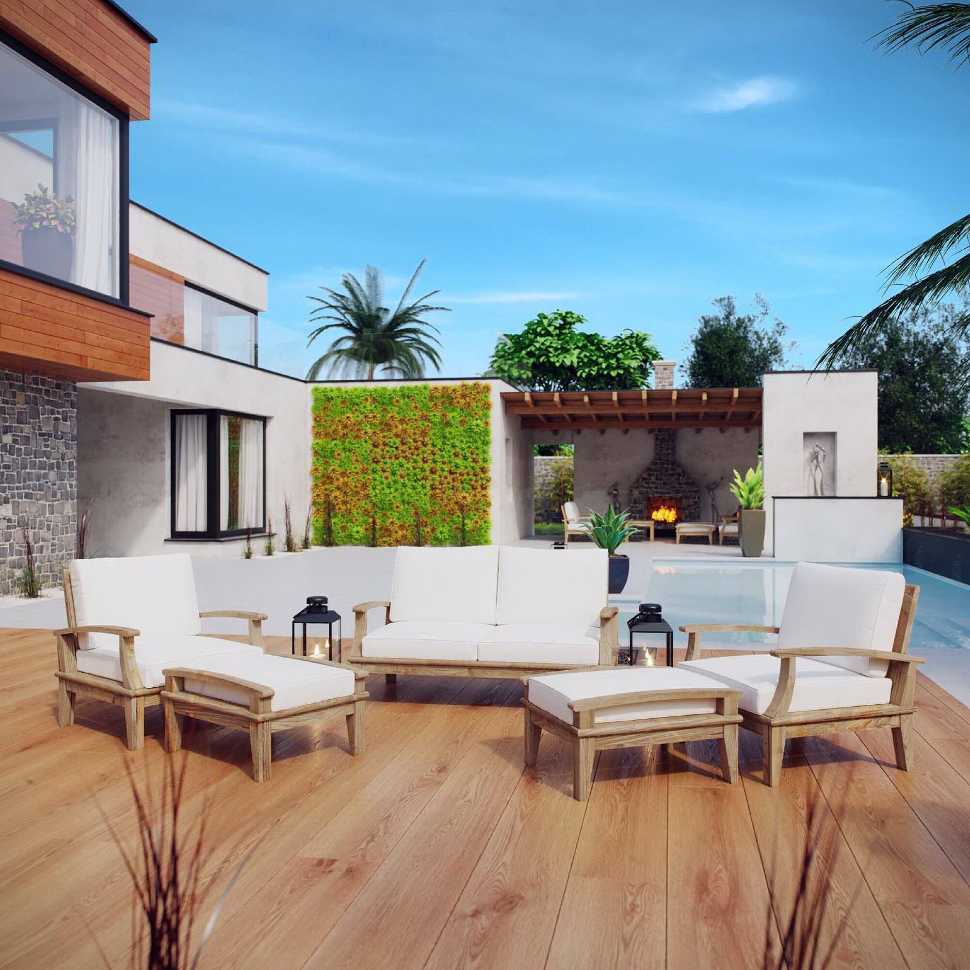 Front. Modway - Marina 5 Piece Outdoor Patio Teak Set by Modway - Natural White.