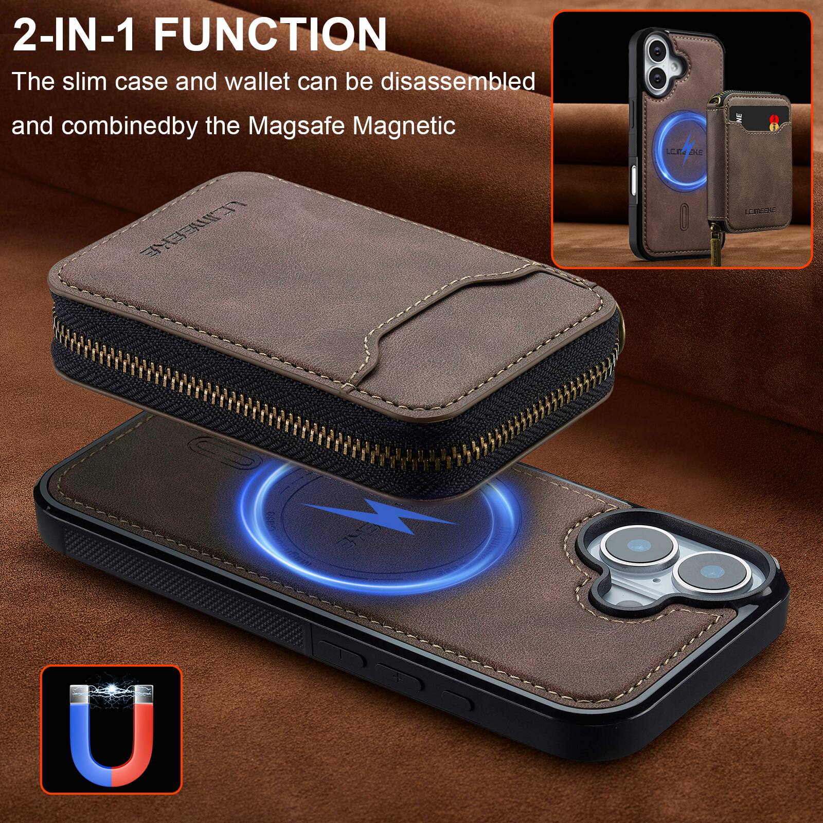 2-IN-1 FUNCTION  
The slim case and wallet can be disassembled and combined by the Magsafe Magnetic