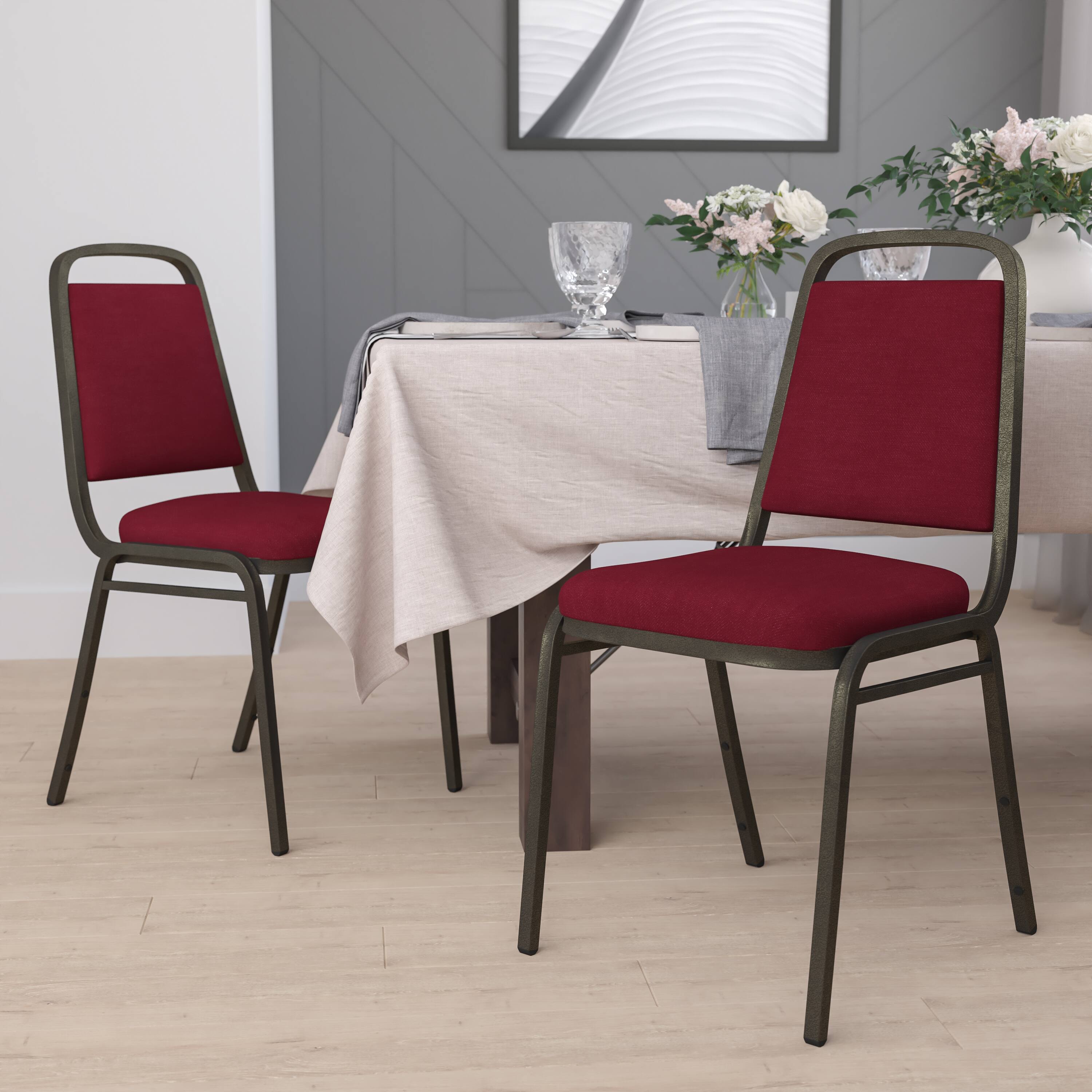 Alt View 2. Emma + Oliver - 4 Pack Trapezoidal Back Stacking Banquet Chair - Burgundy Fabric/Gold Vein Frame.