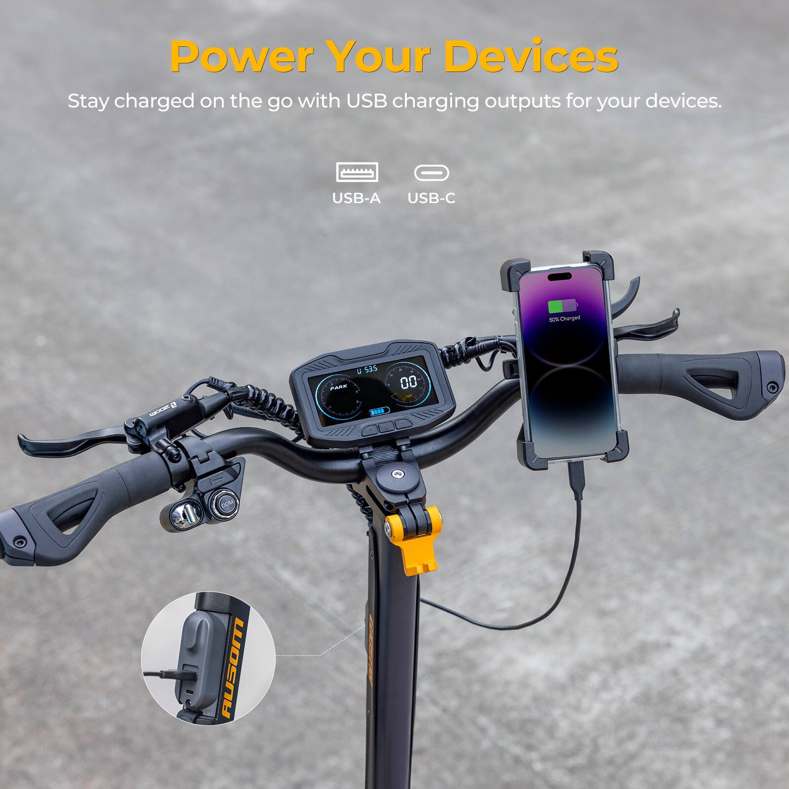 Power Your Devices Stay charged on the go with USB charging outputs for your devices. USB-A, USB-C, and USB-C charging outputs are available for your devices.