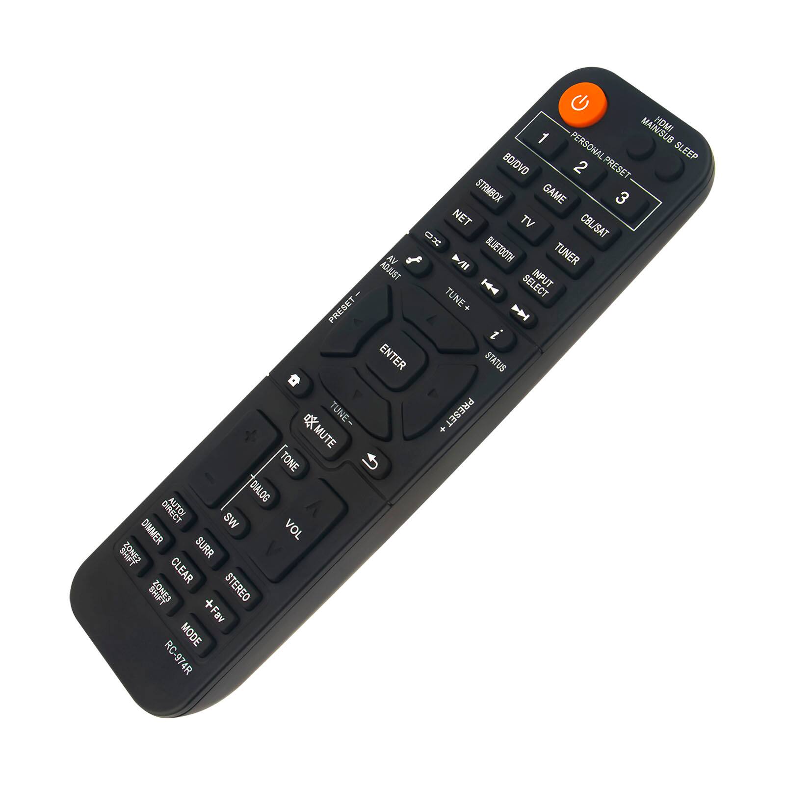 PRESET TUNE- MUTE TONE DIALOG AUTO/ SW VOL DIMMER SURR CLEAR STEREO +Fav MODE RC-974R  
1 PERSONAL BO/DVD  
2 PRESET STRMBOX GAME  
3 NET TV CBL/SAT  
OX VA >/1I BLUETOOTH TUNER ADJUST INPUT TUNE+ | SELECT P i ENTER STATUS PRESET HDMI SLEEP  

HOME MANUAL SLEEP  
1 PERSONAL PRESET  
2  
3  
BD/DVD  
GAME  
STRMBOX  
TV  
CBL/SAT  
NET  
TUNER  
B/ROOM  
INPUT SELECT  
TUNE-  
TUNE+  
ENTER  
STATUS  
P/  
TONE  
DANCE  
VOL  
SW  
SURR  
CLEAR  
STEREO  
DINNER  
SLEEP  
MODE  
RC-974R